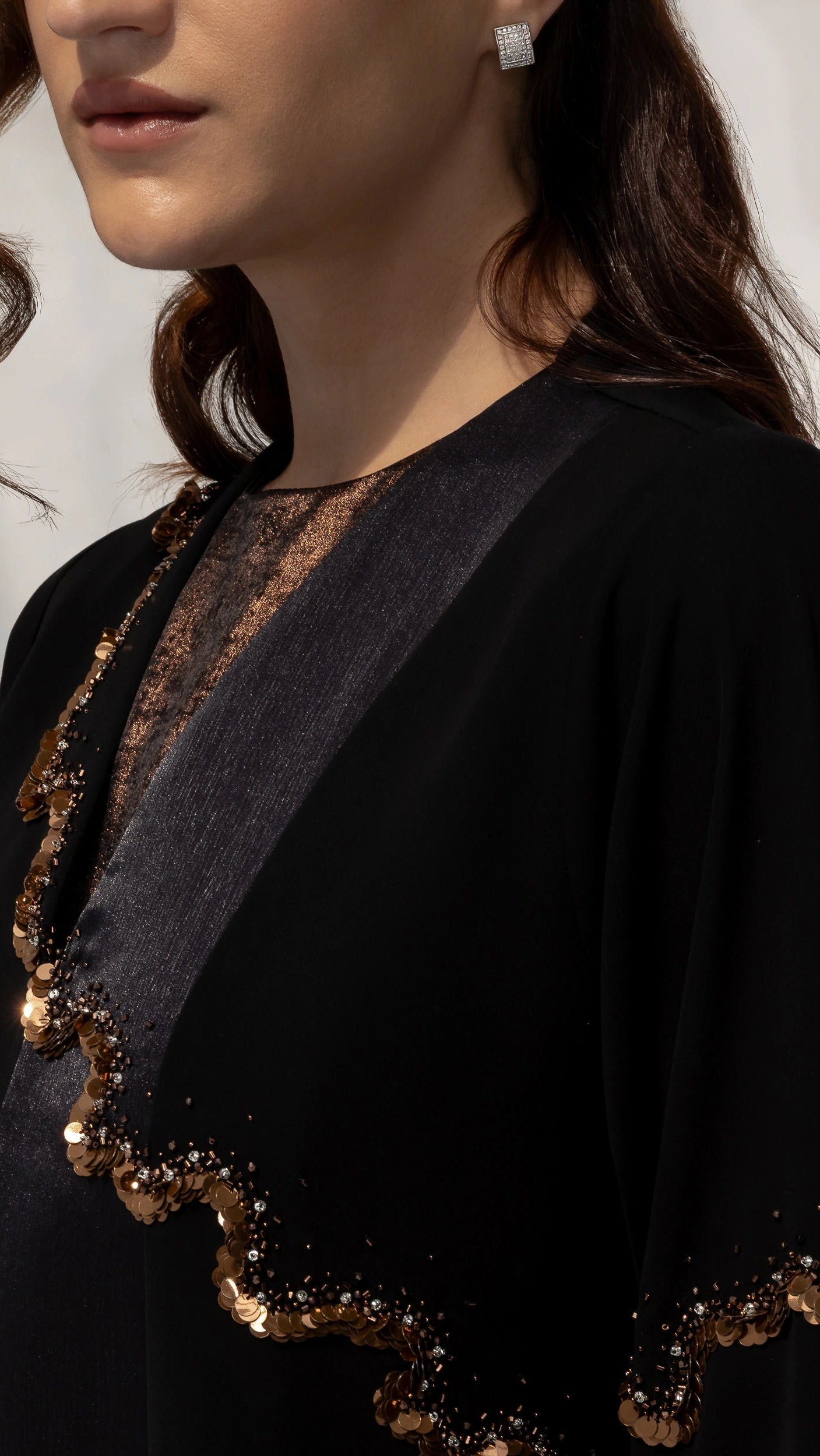 GHALA Copper Luxe - Close-up detail of copper sequin embroidery on premium black couture abaya