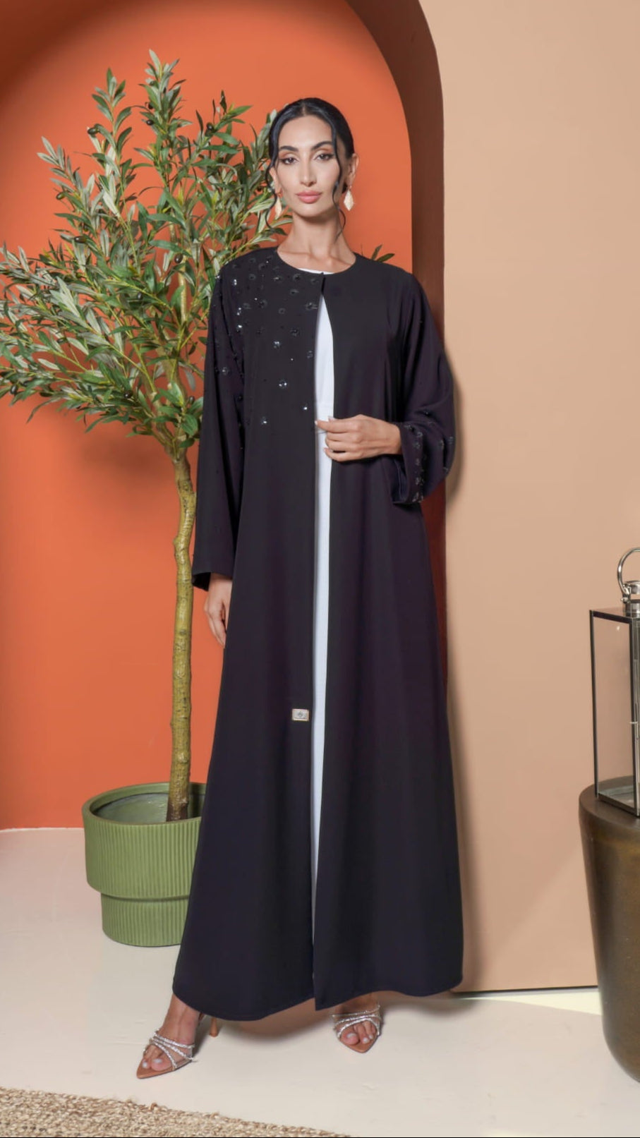 Hana Noir Petal Bloom black luxury abaya full front view with pearl floral embellishments