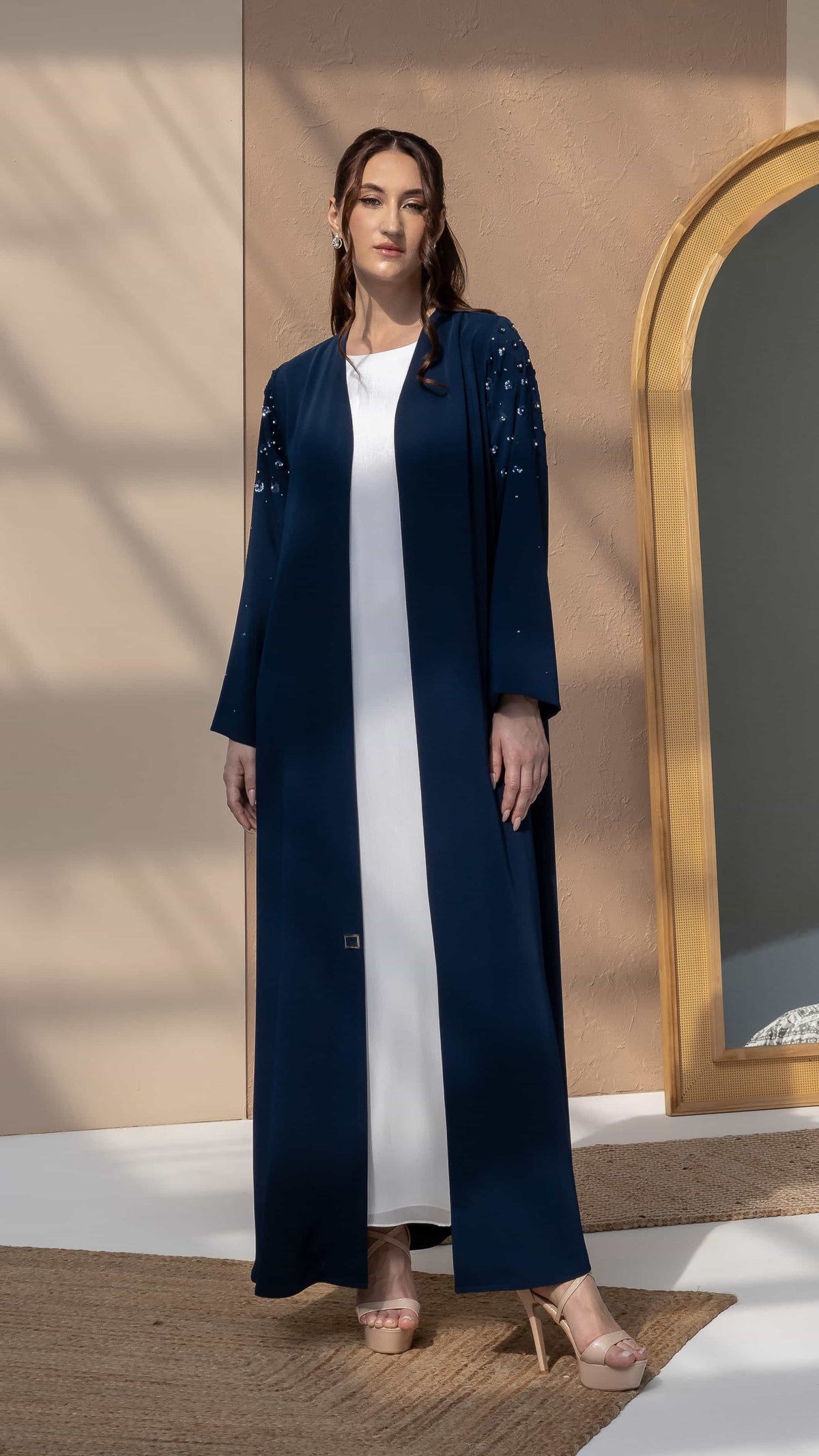 HANA | Sapphire Petal Bloom navy luxury abaya full front view with pearl floral embellishments