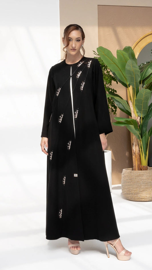 JAWA Noir Constelle luxury black abaya with diagonal crystal constellation detailing by Diva Atelier