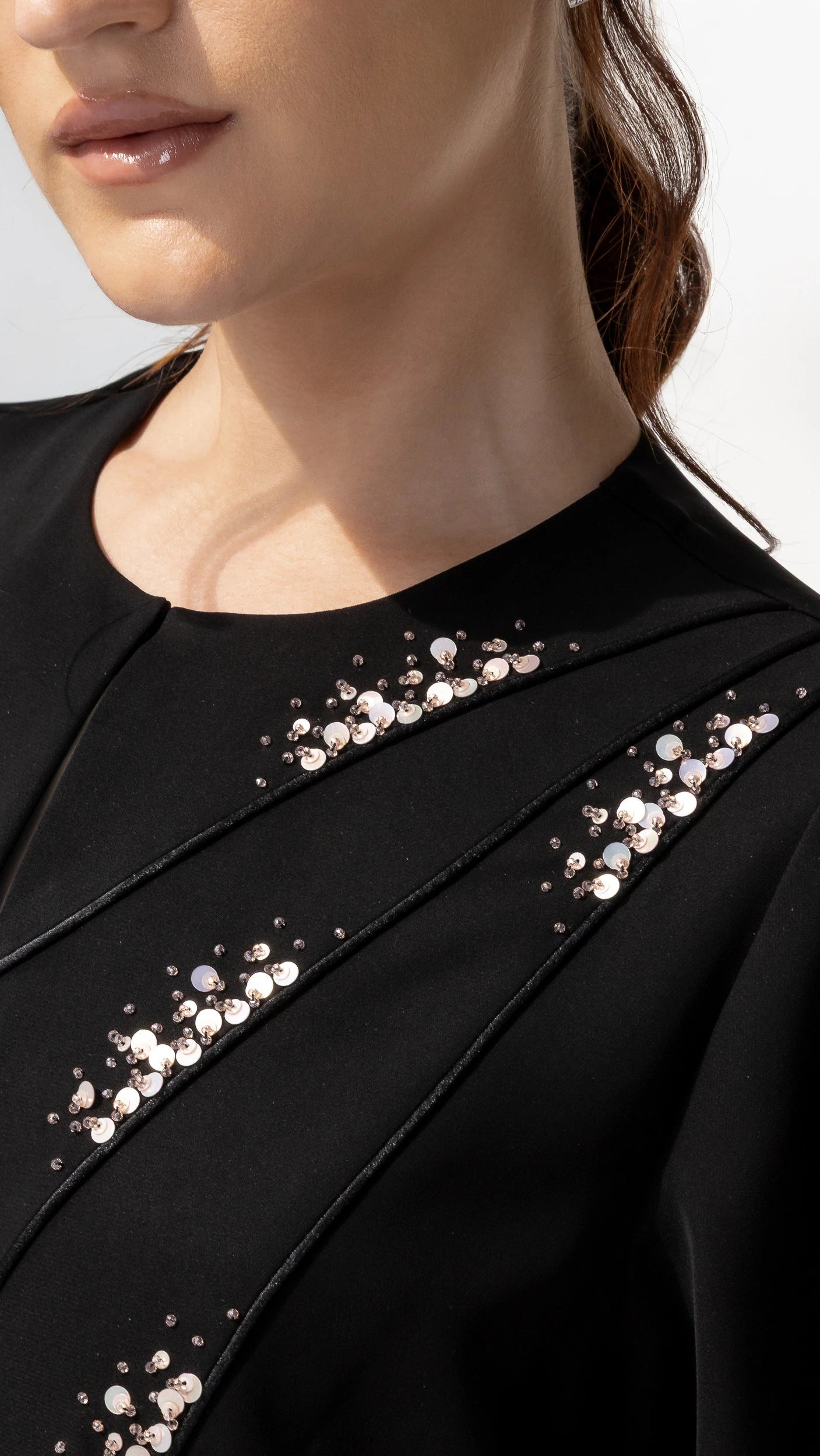 JAWA Noir Constelle Close-up detail of crystal constellation embroidery on premium black abaya