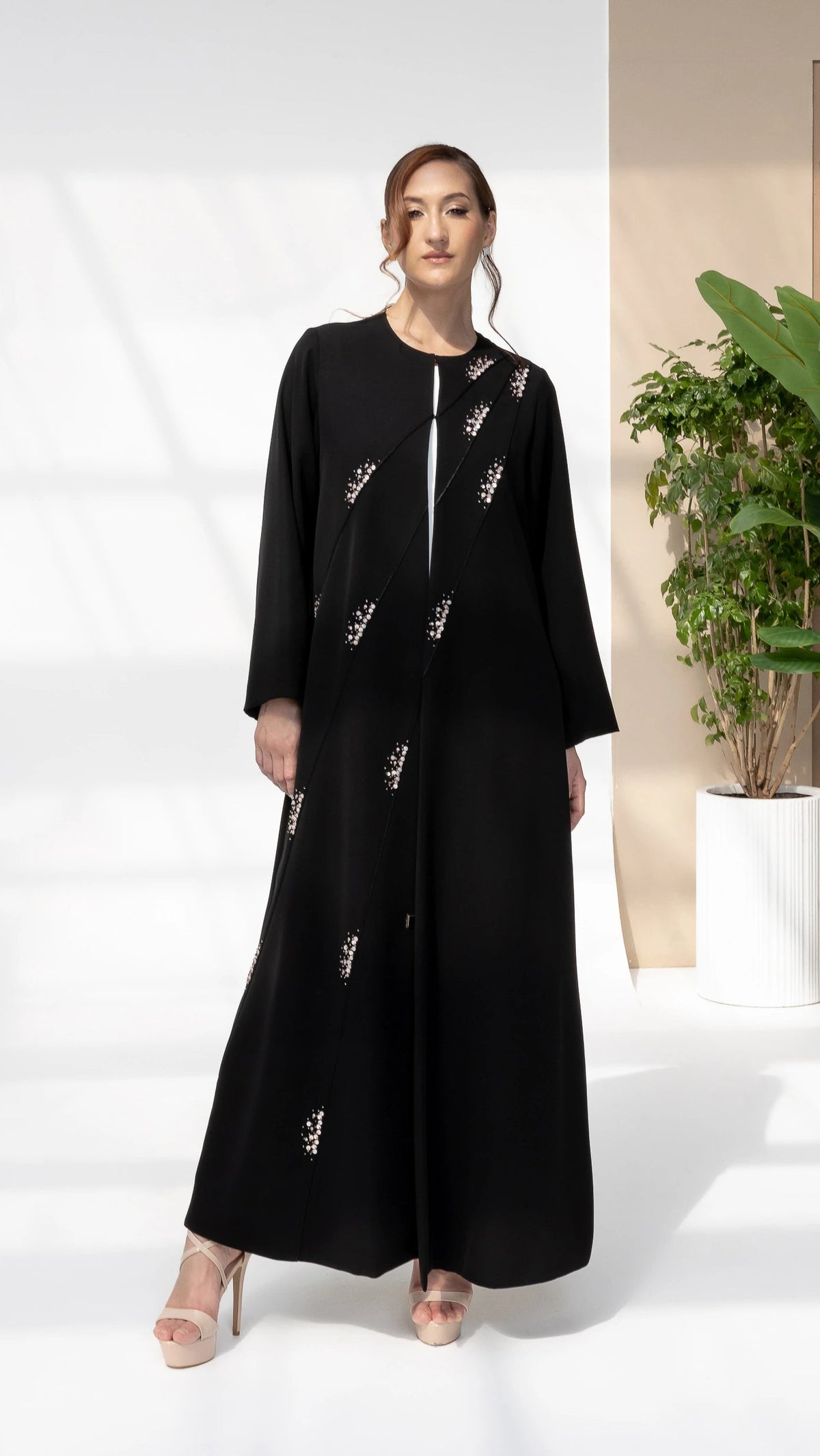 JAWA Noir Constelle Luxury Ramadan abaya with refined crystal accents and structured silhouette