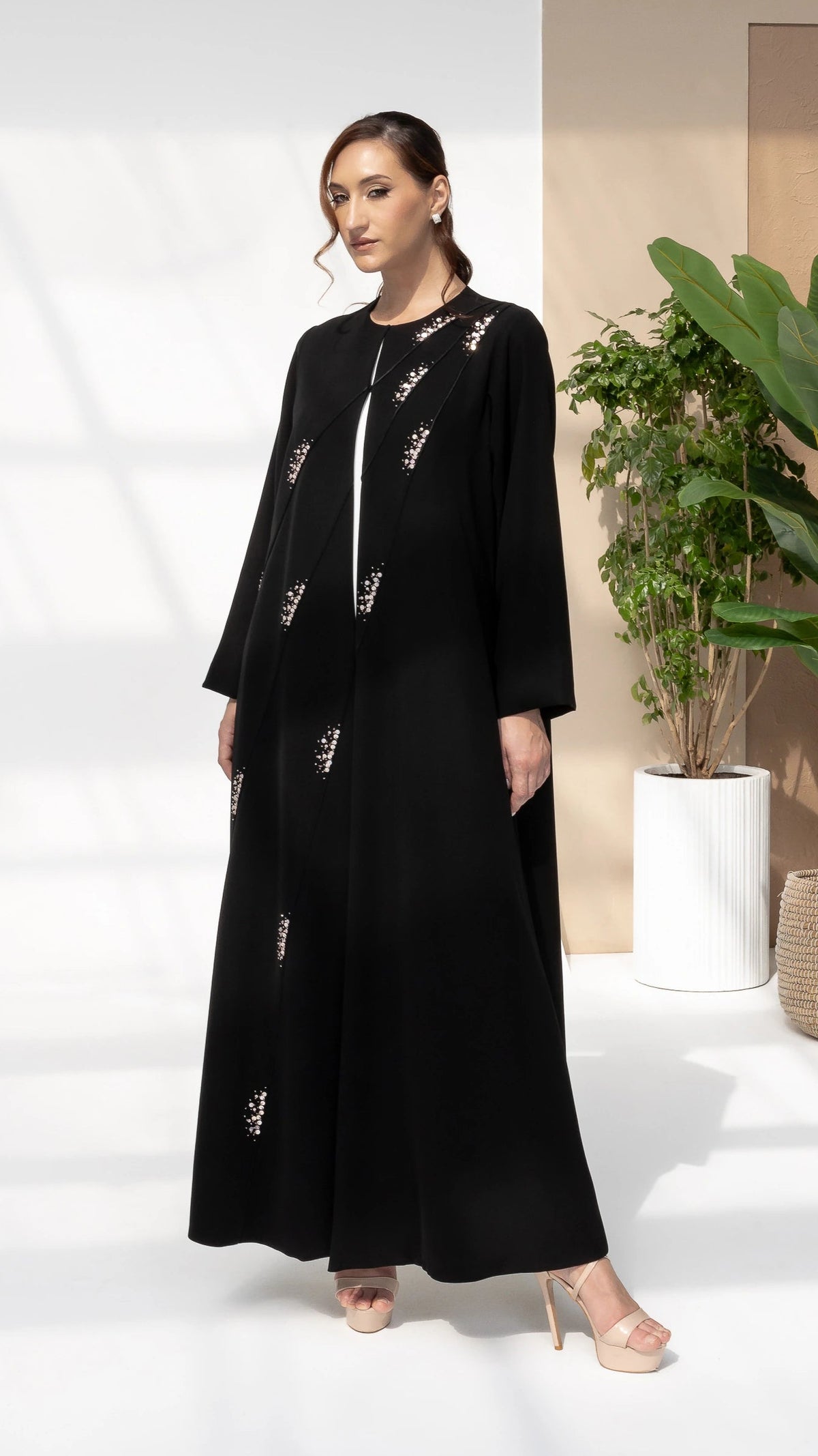 JAWA Noir Constelle Luxury abaya with refined crystal accents and structured silhouette