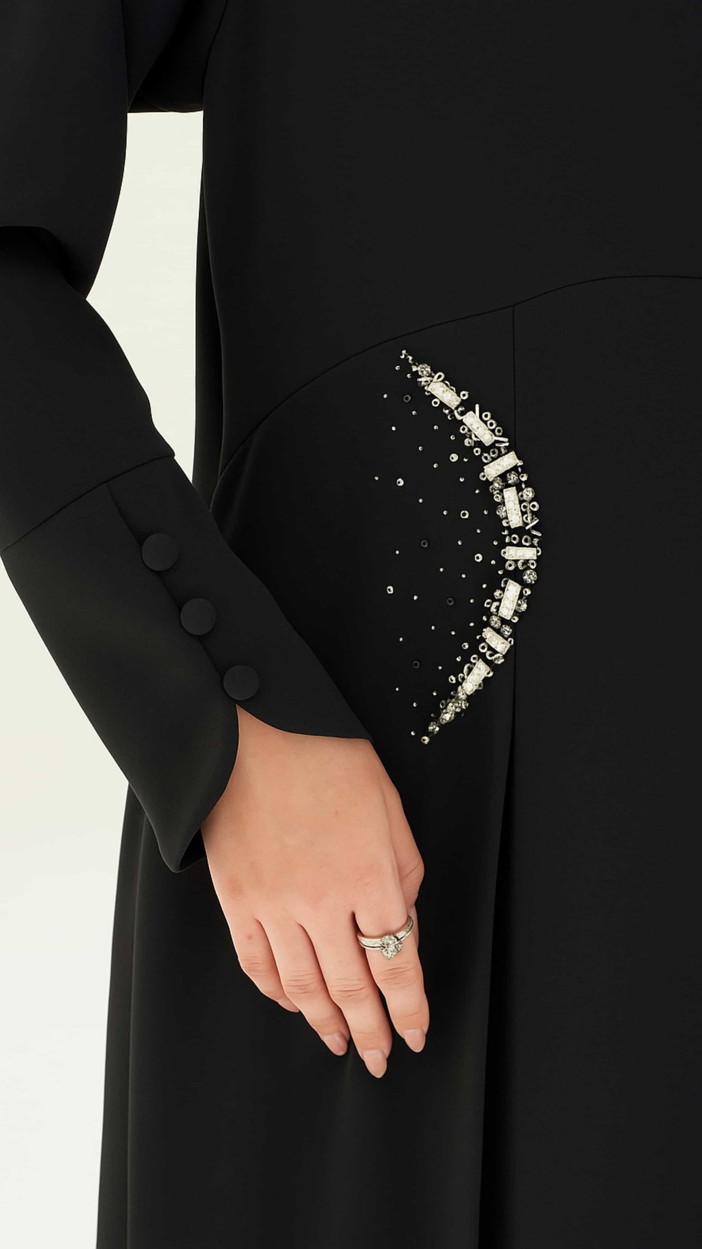 KAINA Noir Éclat black luxury crystal abaya close up detail in Dubai by Diva Atelier