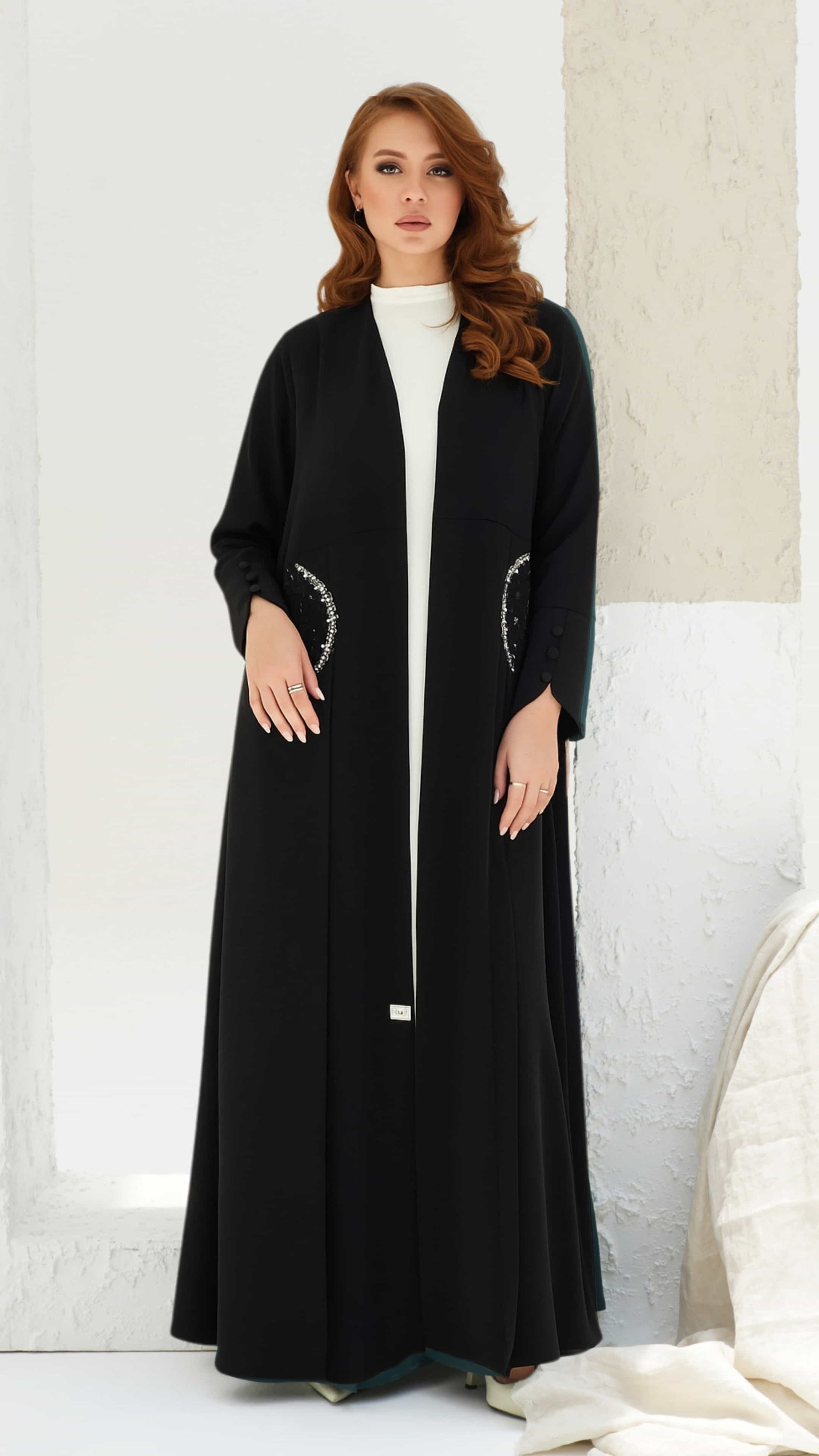 KAINA Noir Éclat black luxury crystal abaya full front look in Dubai by Diva Atelier