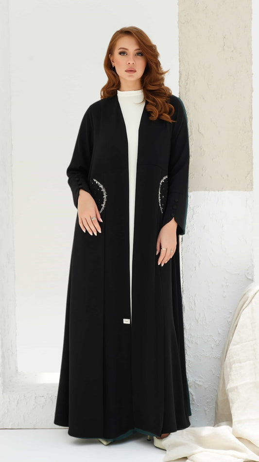KAINA Noir Éclat black luxury crystal abaya full front look in Dubai by Diva Atelier
