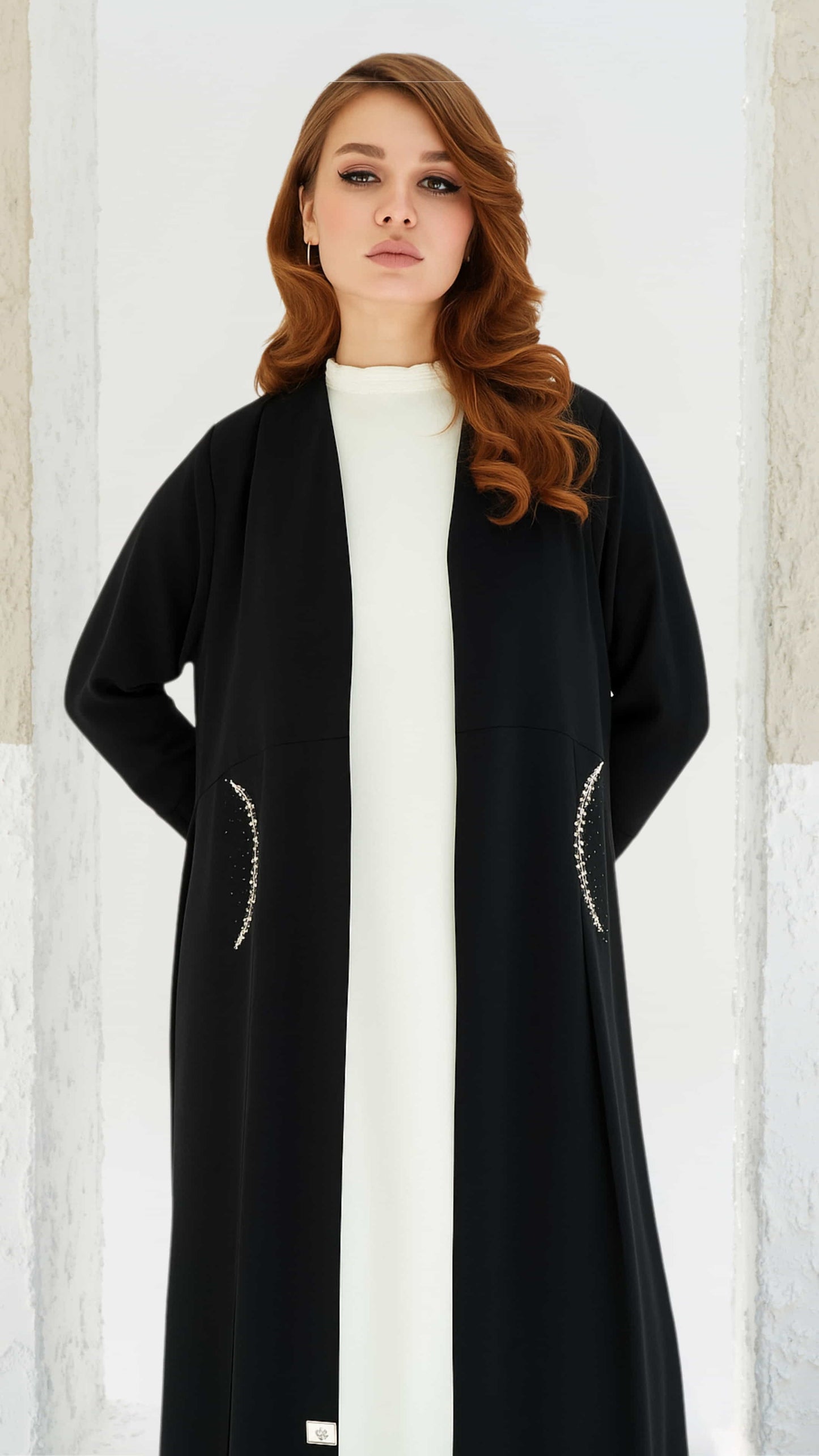 KAINA Noir Éclat black luxury crystal abaya front silhoutte in Dubai by Diva Atelier