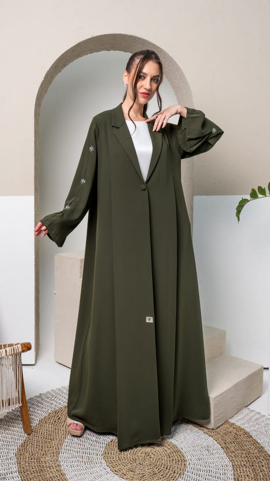 KAMILAH | Olivine Starfall, an olive toned abaya with crystal star embellishments