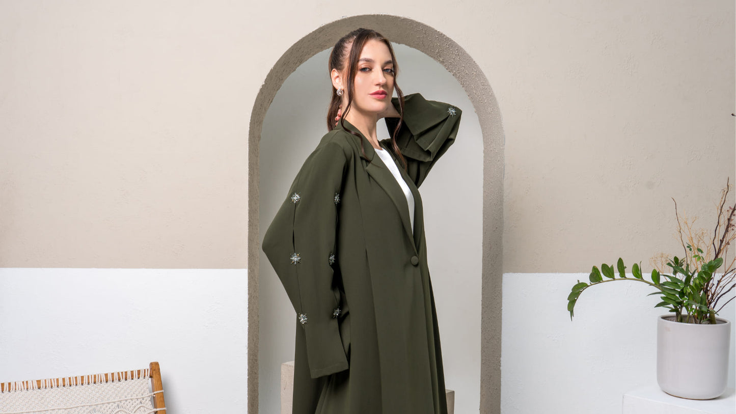 KAMILAH | Olivine Starfall Premium modest fashion abaya with crystal accents and fluid drape
