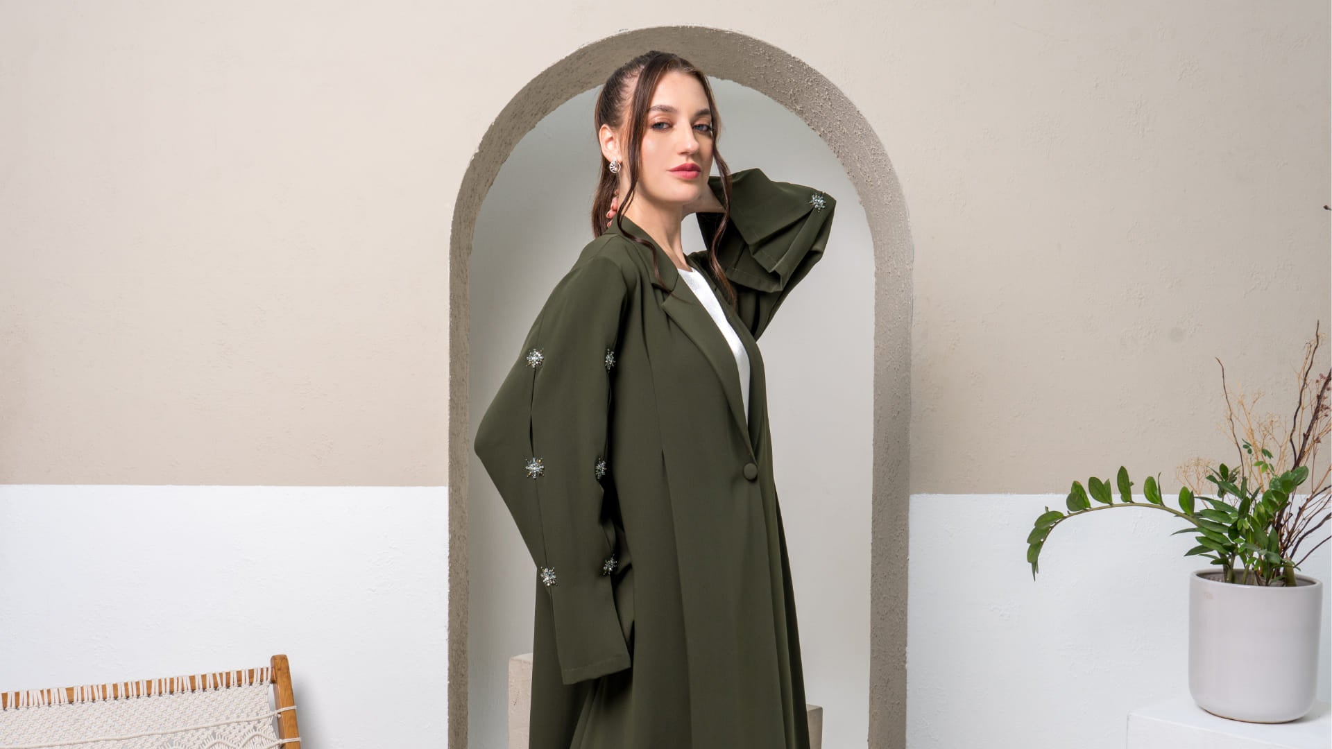 KAMILAH | Olivine Starfall Premium modest fashion abaya with crystal accents and fluid drape