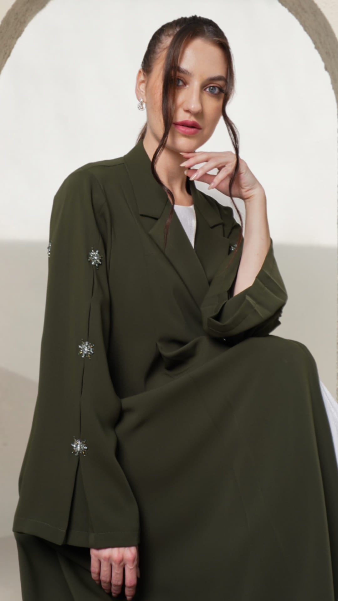 KAMILAH | Olivine Starfall Elegant Olive abaya with soft flare and structured neckline