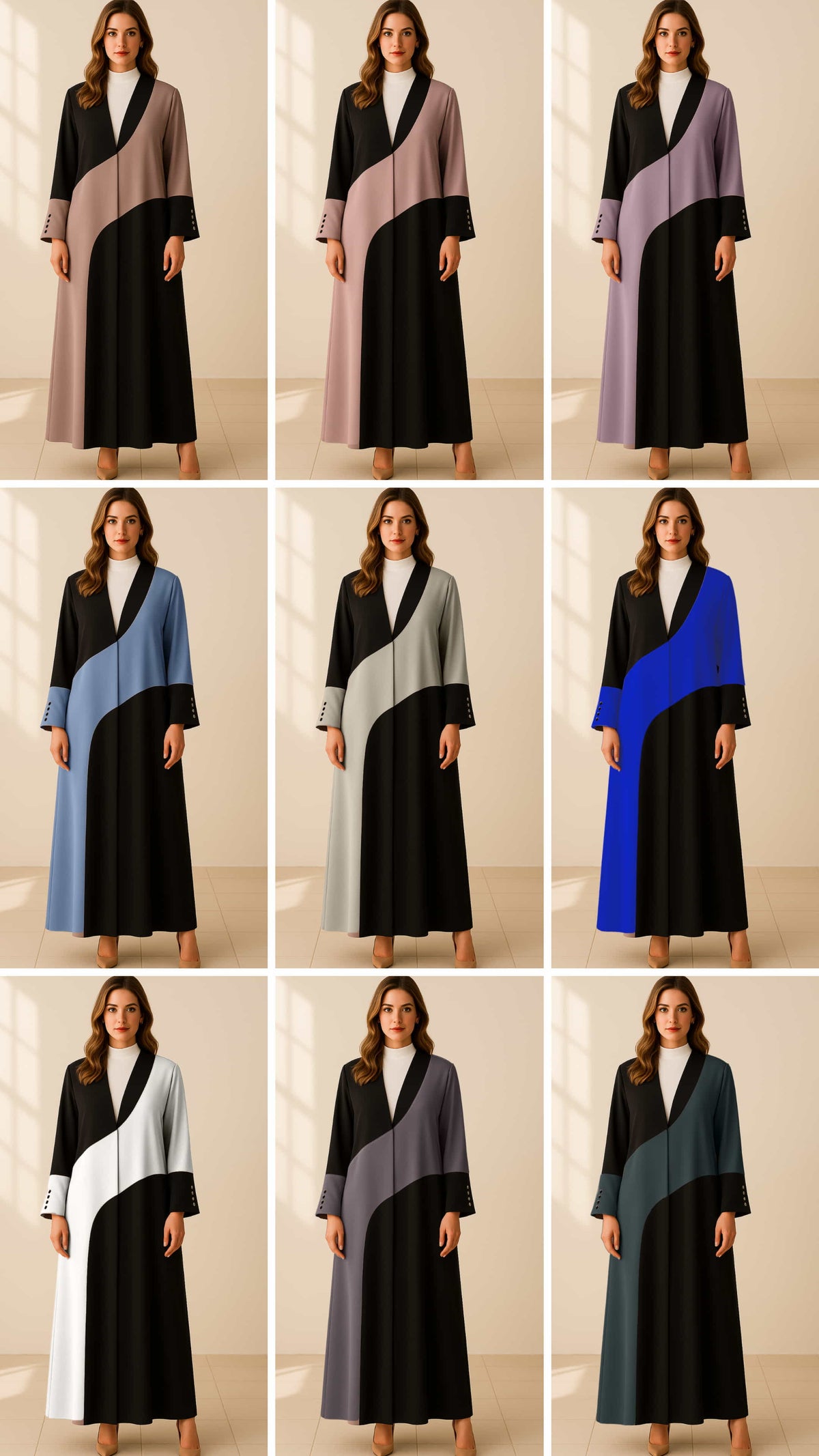 KENZA | Dual Tone Muse - Two tone luxury abaya options with flowing panel design by Diva Atelier Dubai
