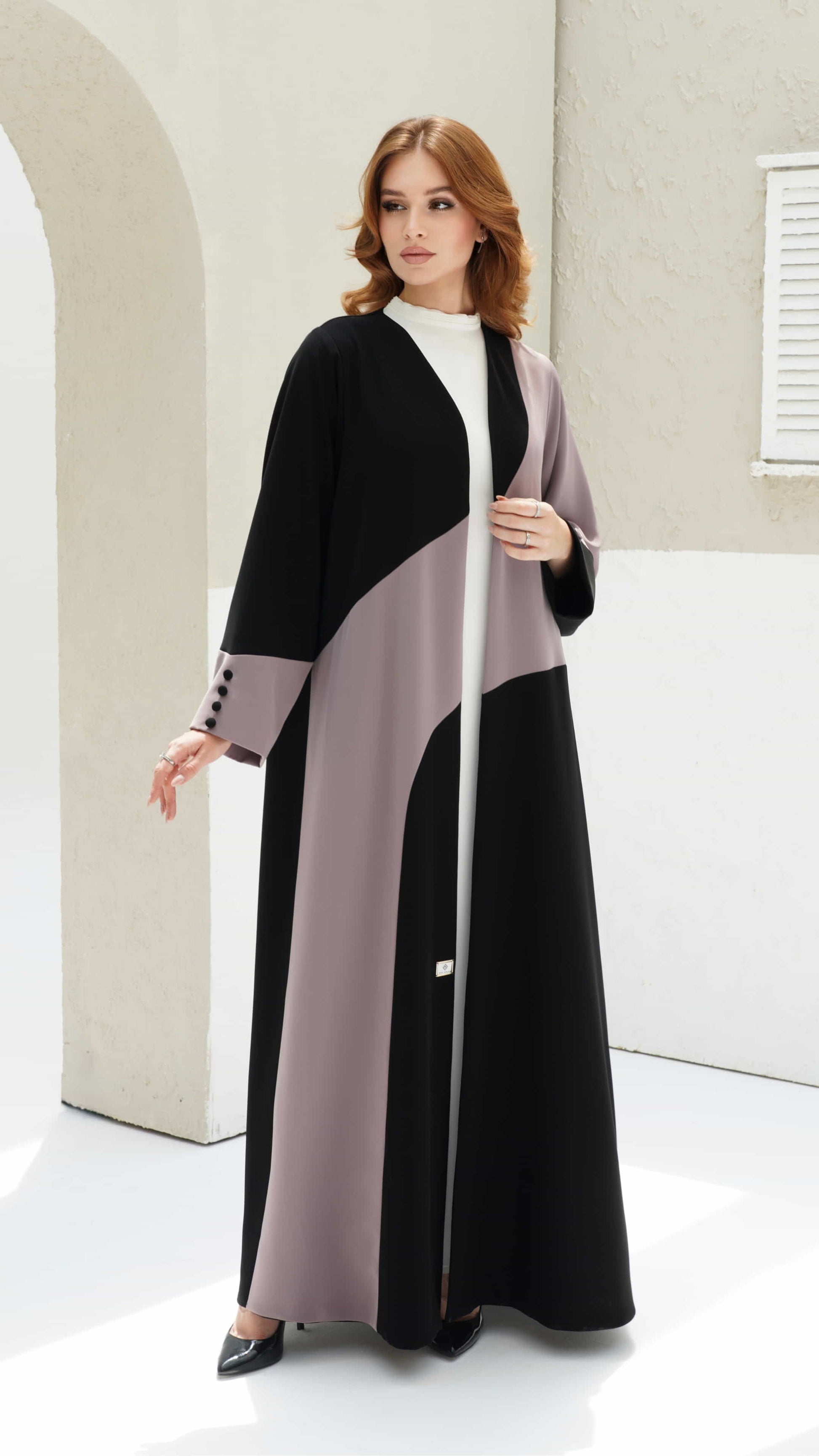 KENZA | Dual Tone Muse Designer two tone abaya with clean lines and soft flowing silhouette for everyday elegance