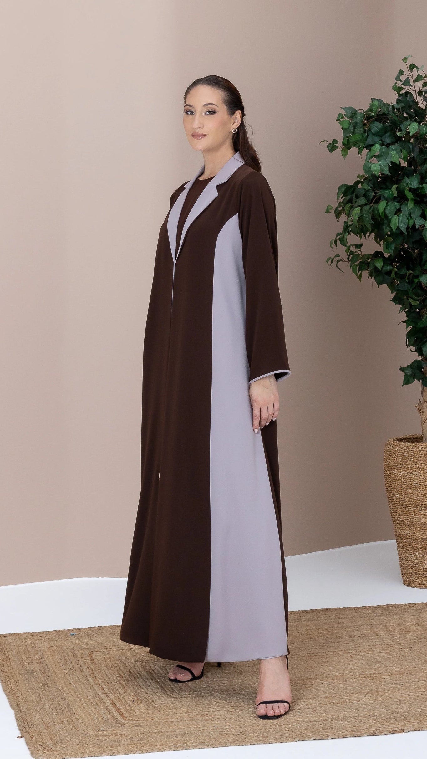 LAYMAR Cacao Taupe Abaya - Side profile of modern tailored modest abaya in cacao brown and taupe panels