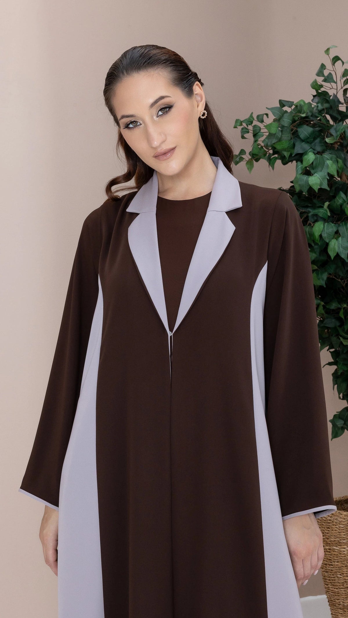 LAYMAR Cacao Taupe Elegant Ramadan abaya with refined neutral tones and structured collar styling