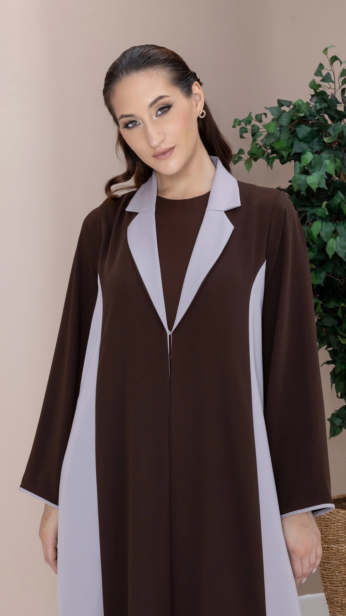 LAYMAR Cacao Taupe Elegant Ramadan abaya with refined neutral tones and structured collar styling