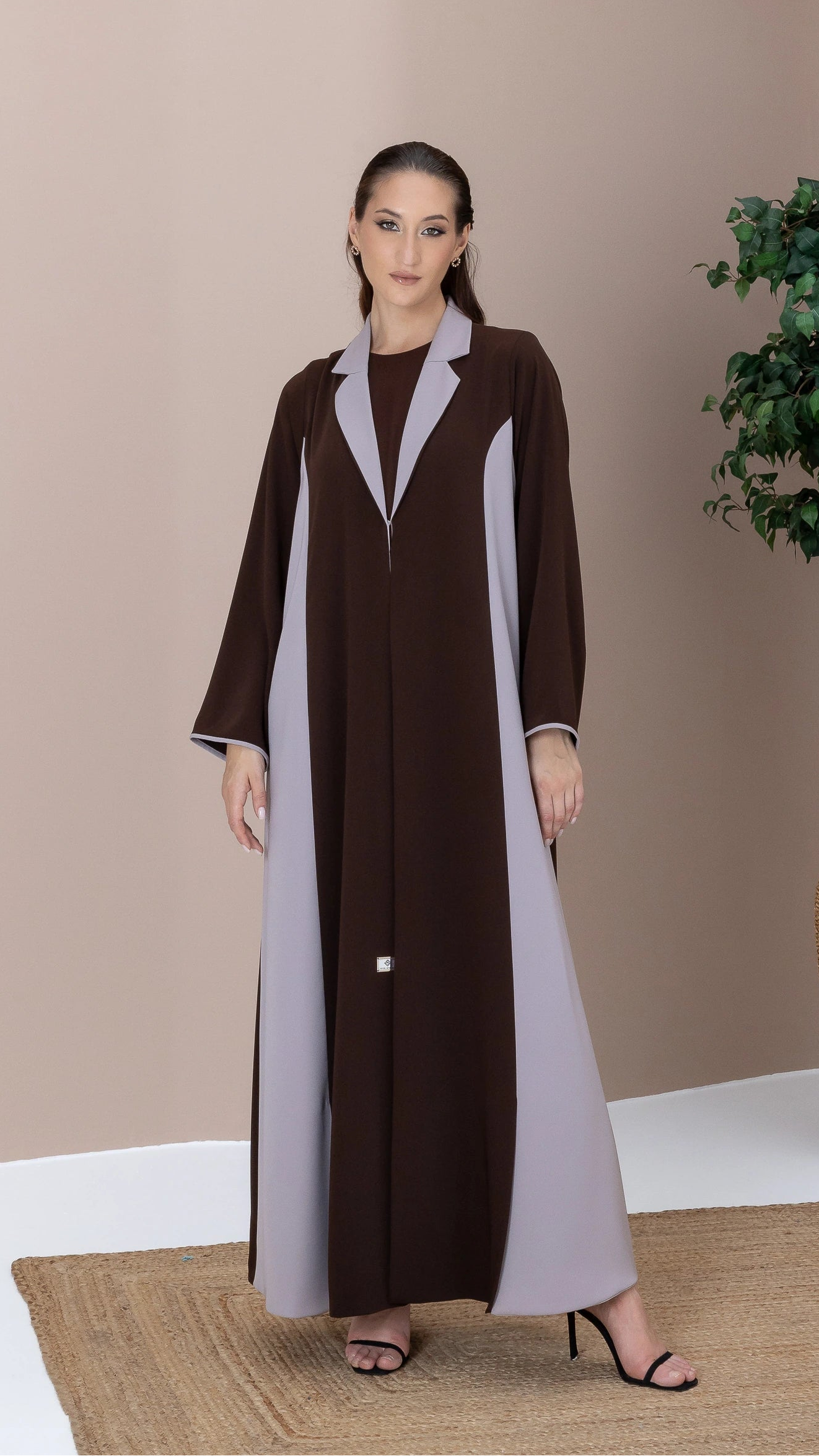 LAYMAR Cacao Taupe - Luxury brown and taupe two-tone abaya by Diva Atelier with elegant flowing silhouette