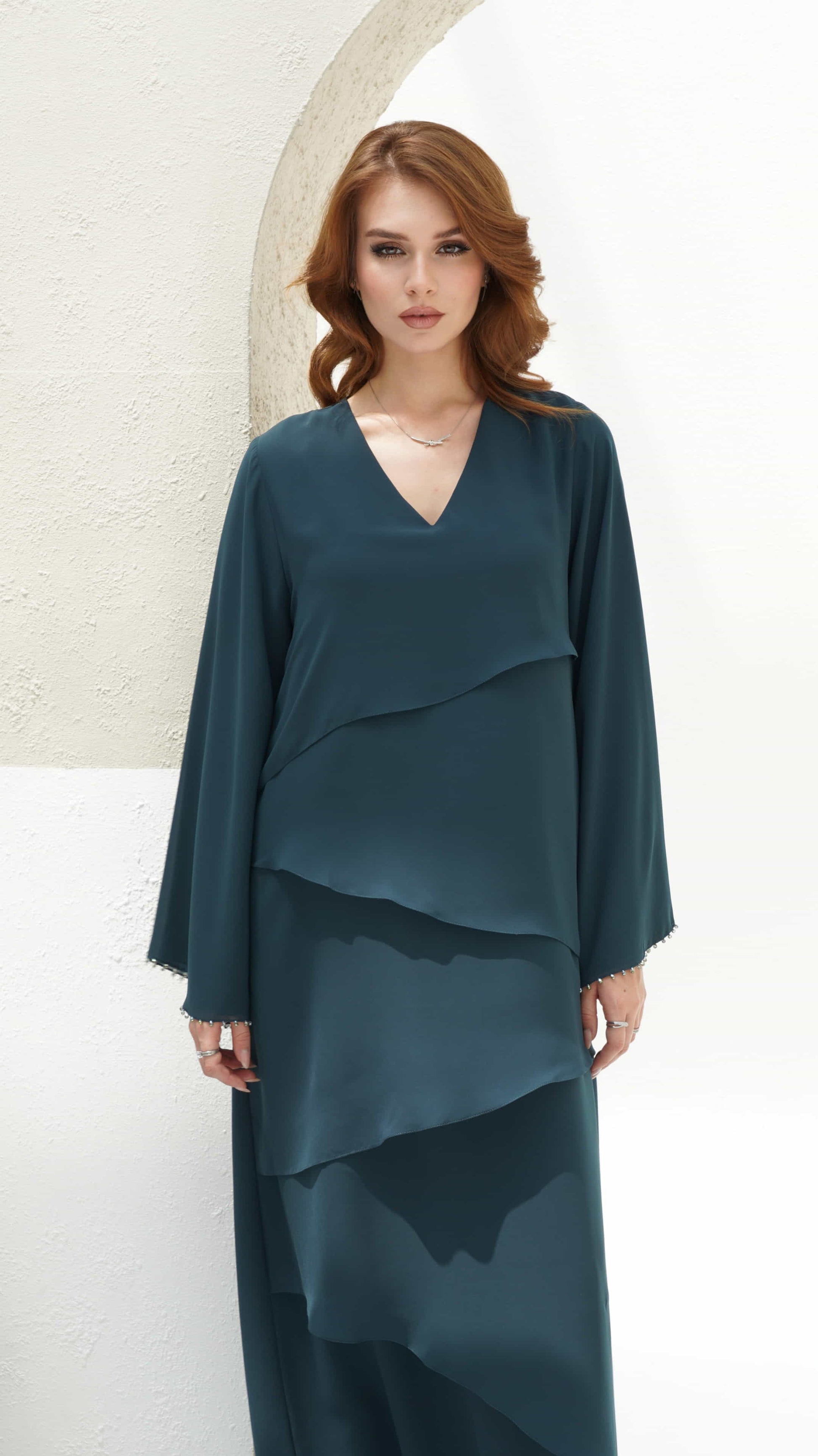 LENA | Teal Cascade Luxe UAE, modest luxury dress, luxury kaftan, Eid dress, teal dress UAE