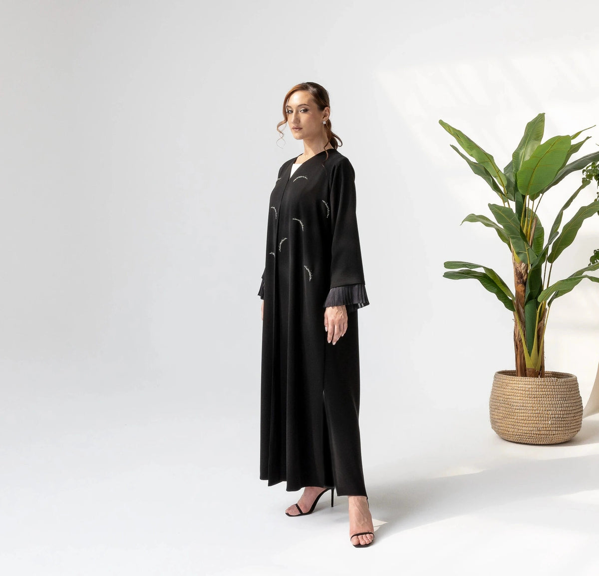 LUNARA Noir Crescent contemporary black abaya with celestial shimmer and timeless evening sophistication