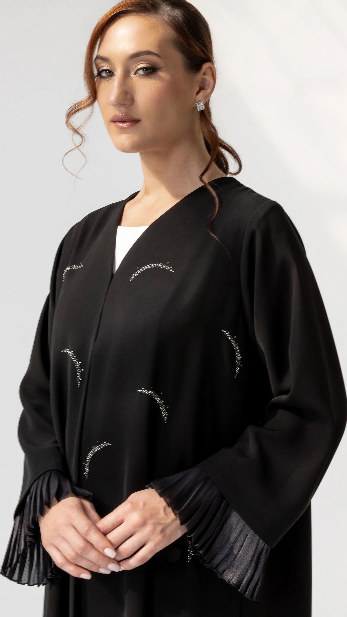 LUNARA Noir Crescent luxury Ramadan and Eid abaya with luminous crescent crystal artistry