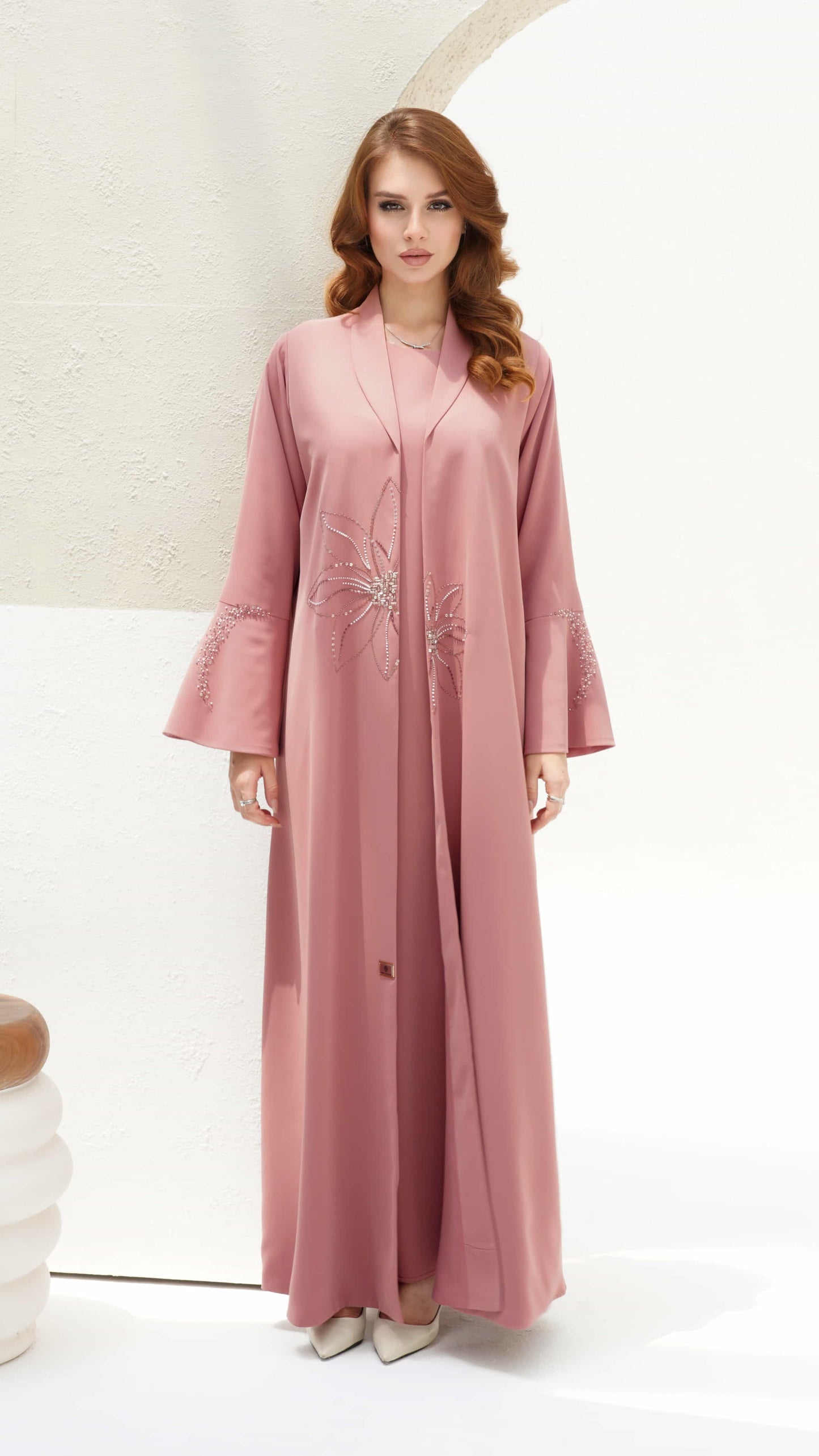 LYLIA Blush Crystal Luxe pink abaya front full look