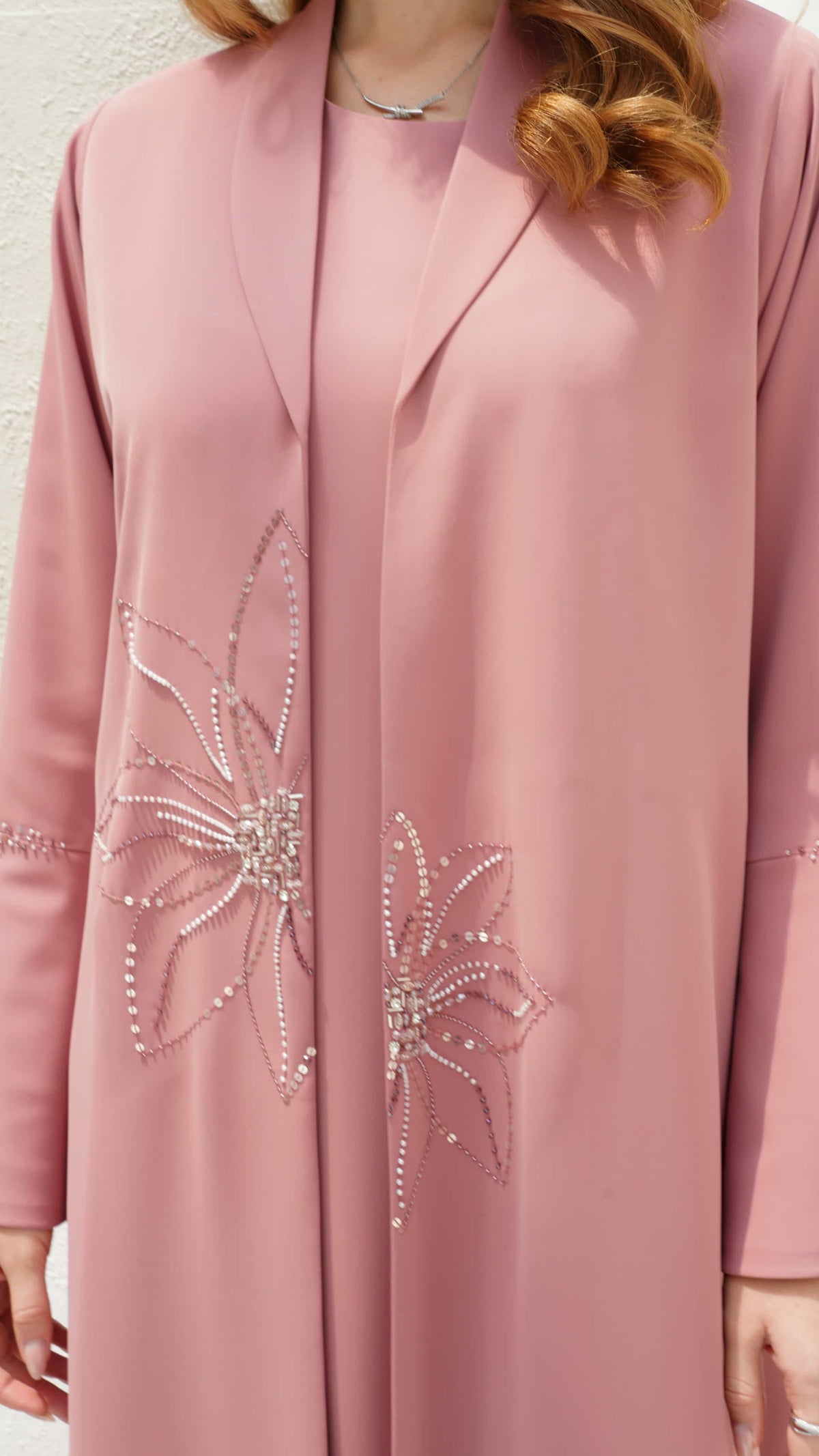 LYLIA blush abaya crystal floral embroidery detail