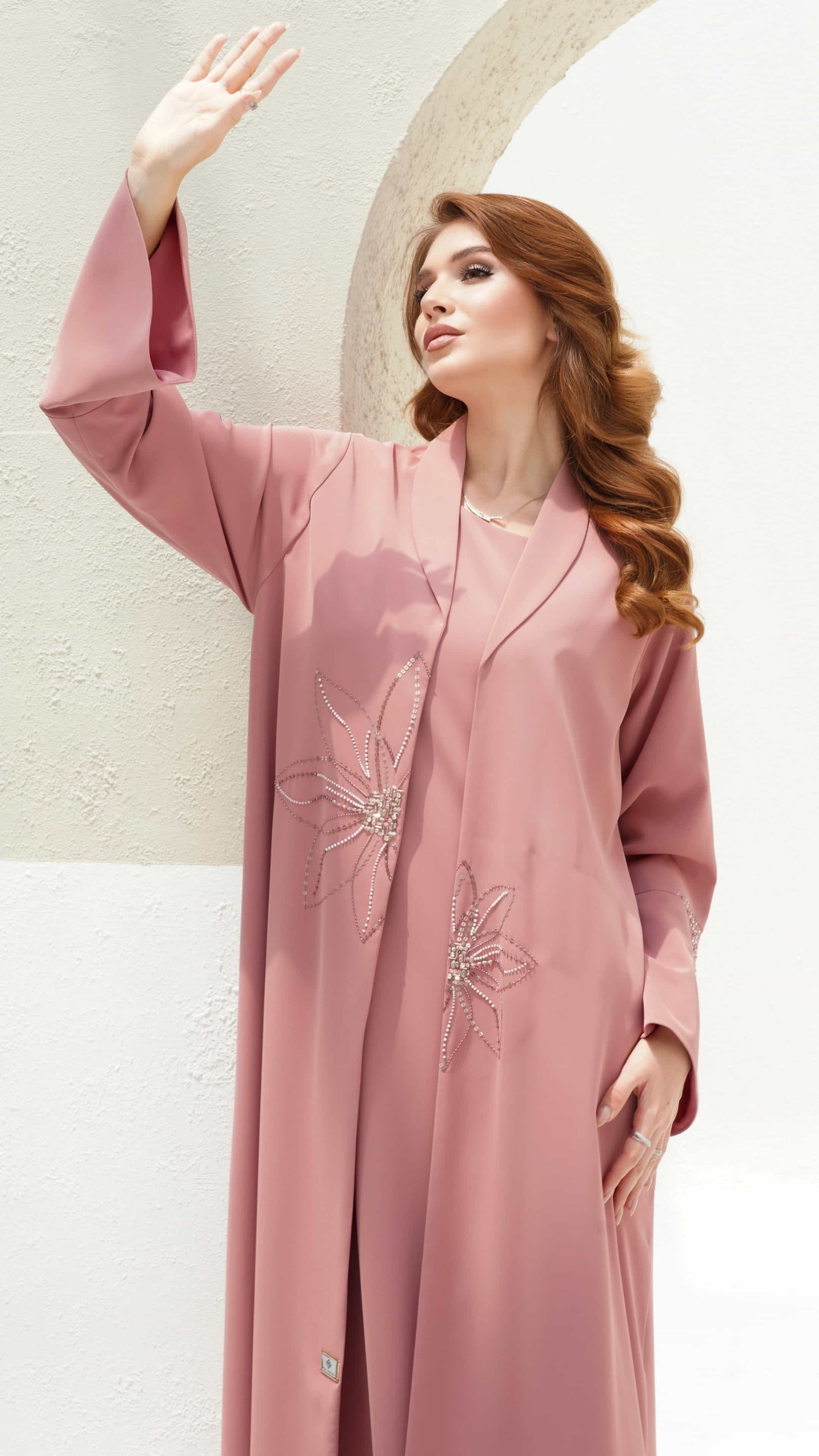 LYLIA blush abaya crystal floral stylish pose