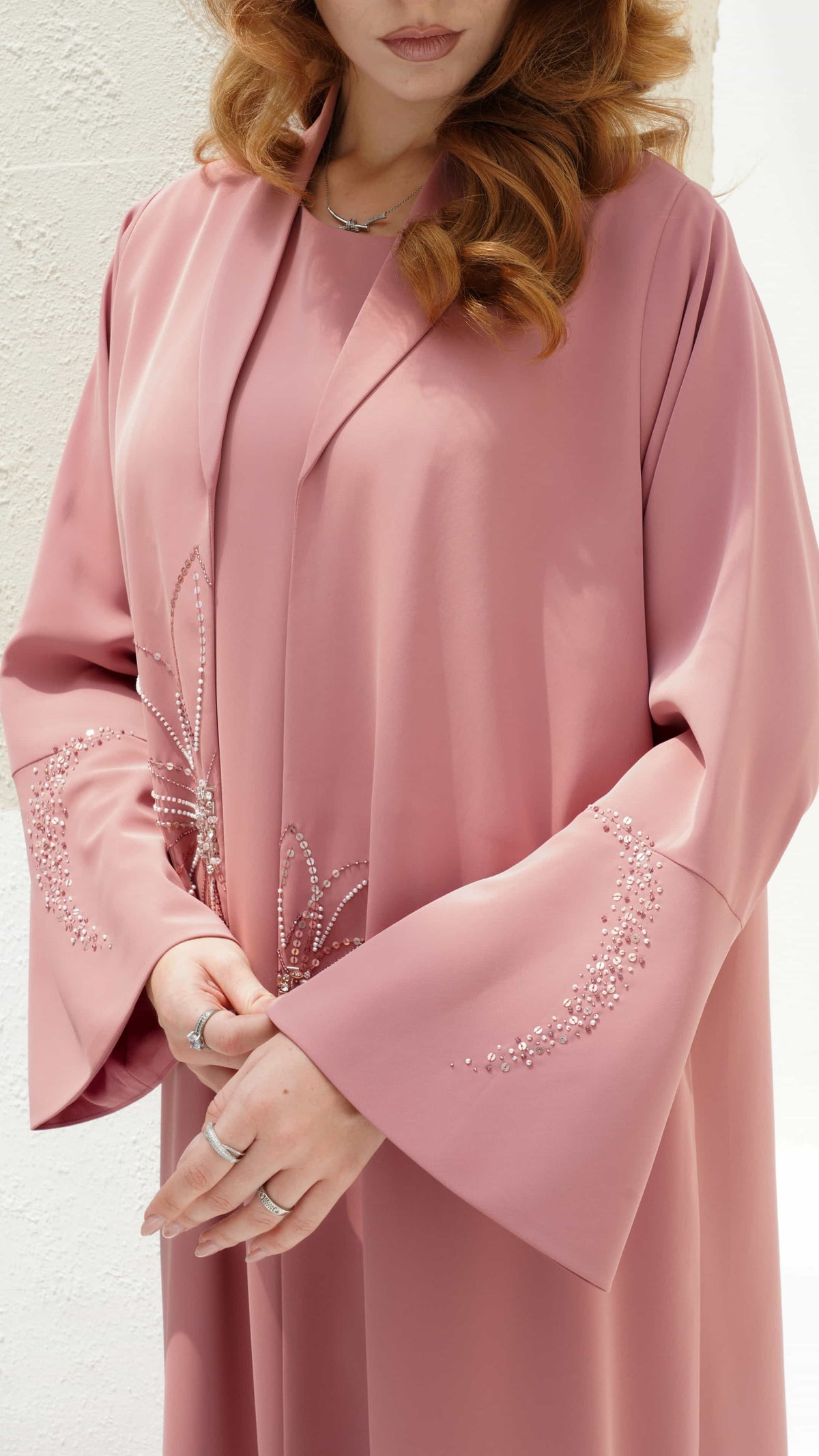 LYLIA pink luxury abaya sleeve embellishment close-up