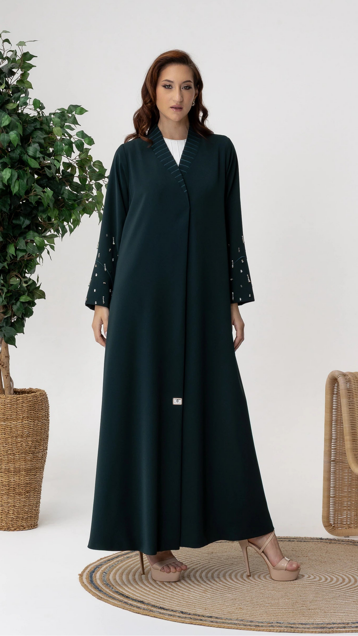 LYRA | Emerald Crystal Luxe Abaya Luxury emerald green abaya with crystal embellished sleeves by Diva Atelier