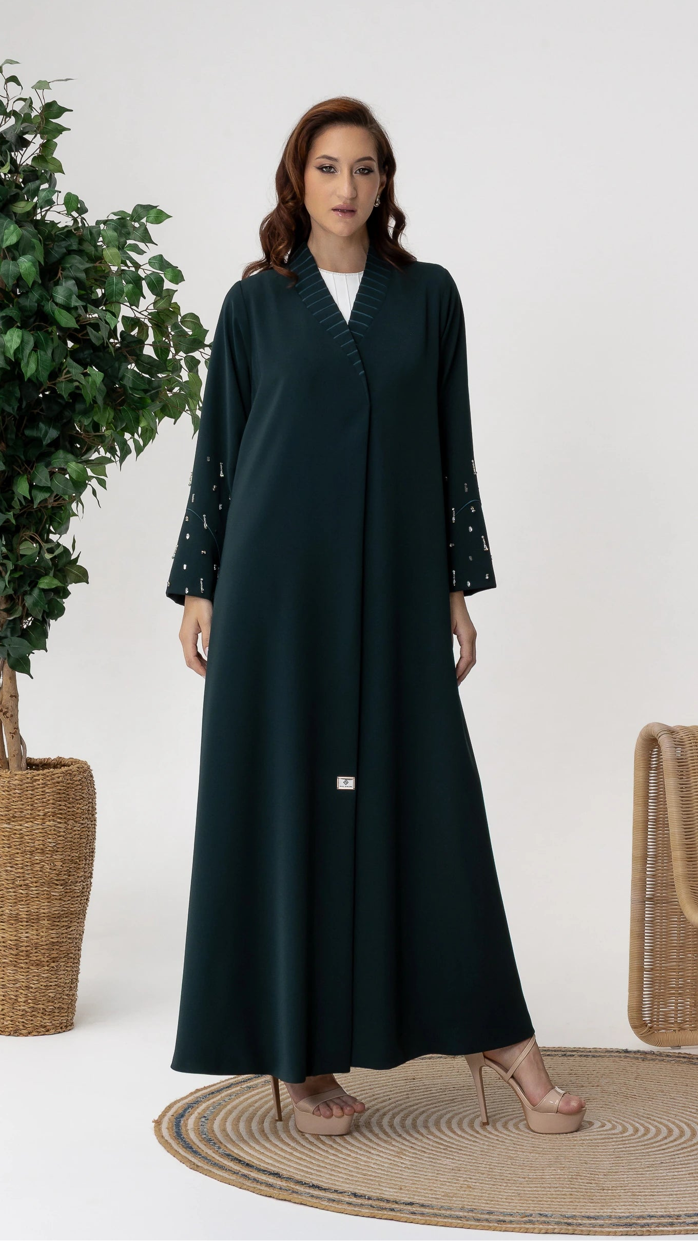 LYRA | Emerald Crystal Luxe Abaya Luxury emerald green abaya with crystal embellished sleeves by Diva Atelier