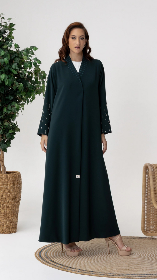 LYRA | Emerald Crystal Luxe Abaya Luxury emerald green abaya with crystal embellished sleeves by Diva Atelier