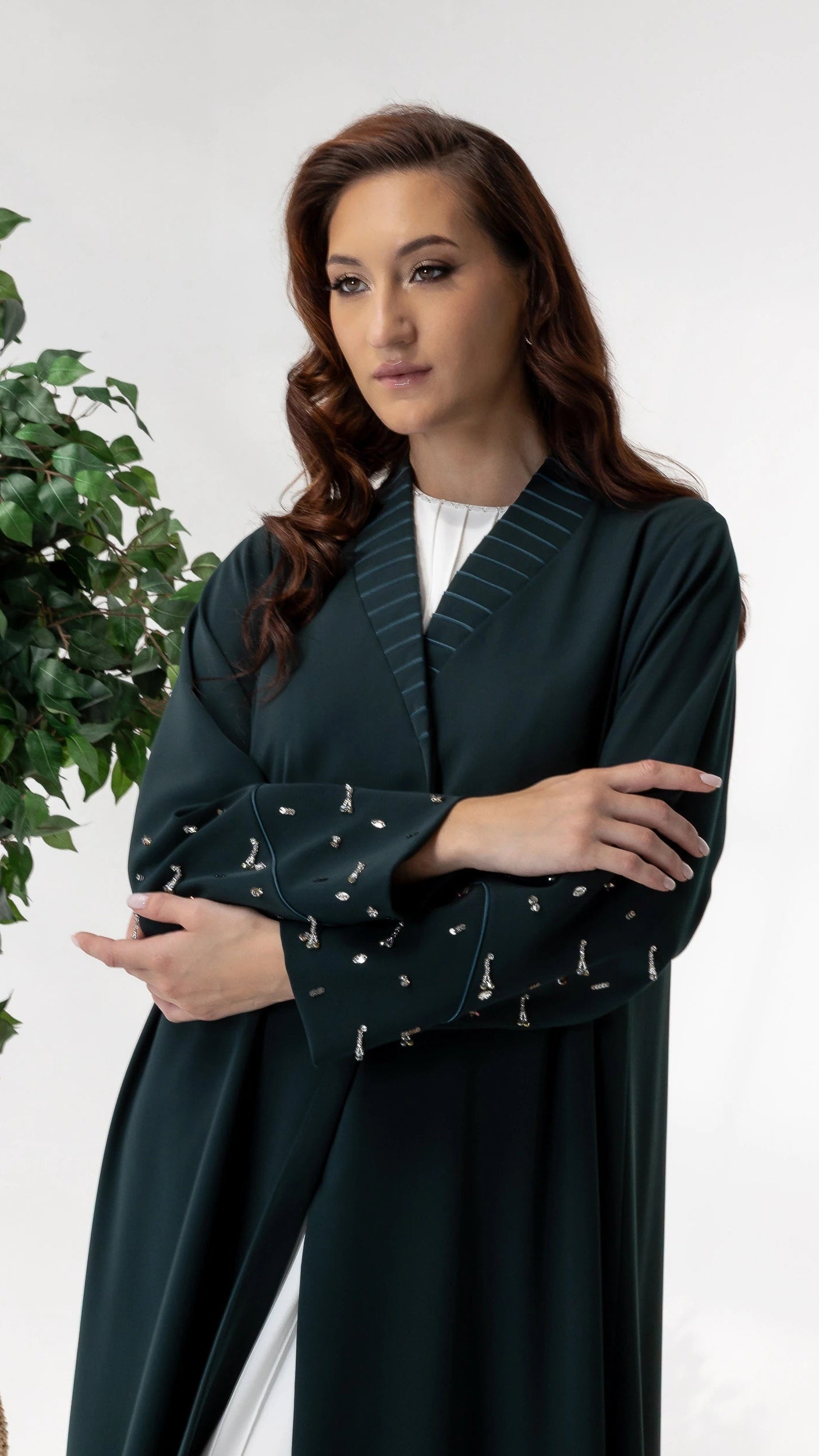 LYRA | Emerald Crystal Luxe Abaya Modern Ramadan abaya in deep emerald green with crystal detailing