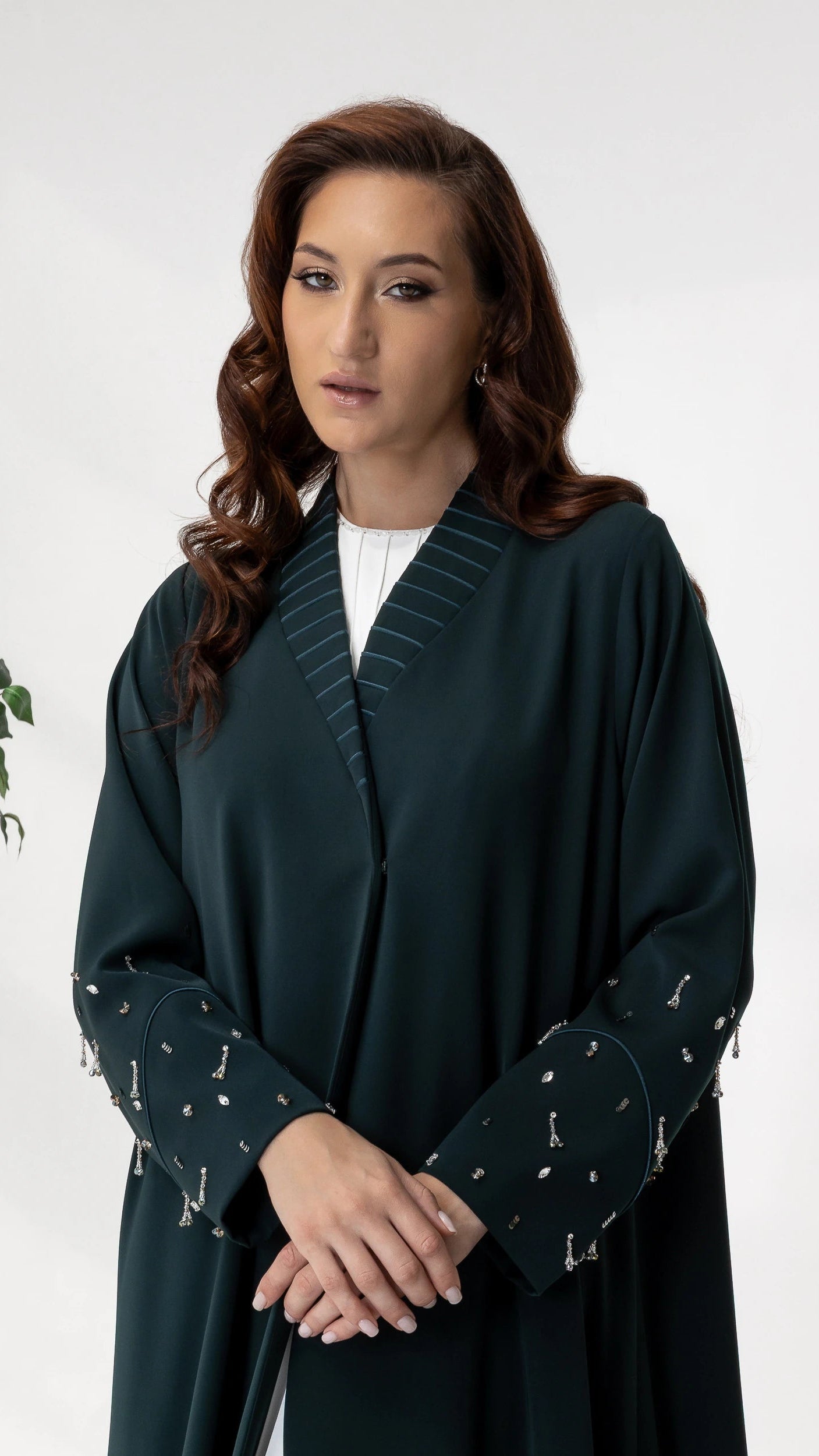 LYRA | Emerald Crystal Luxe Abaya Luxury modest fashion portrait featuring emerald green crystal abaya