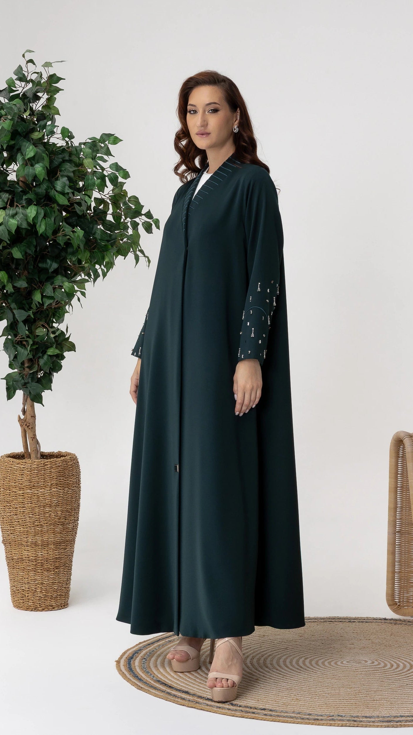 LYRA | Emerald Crystal Luxe Abaya Premium emerald abaya with celestial-inspired crystal embellishments