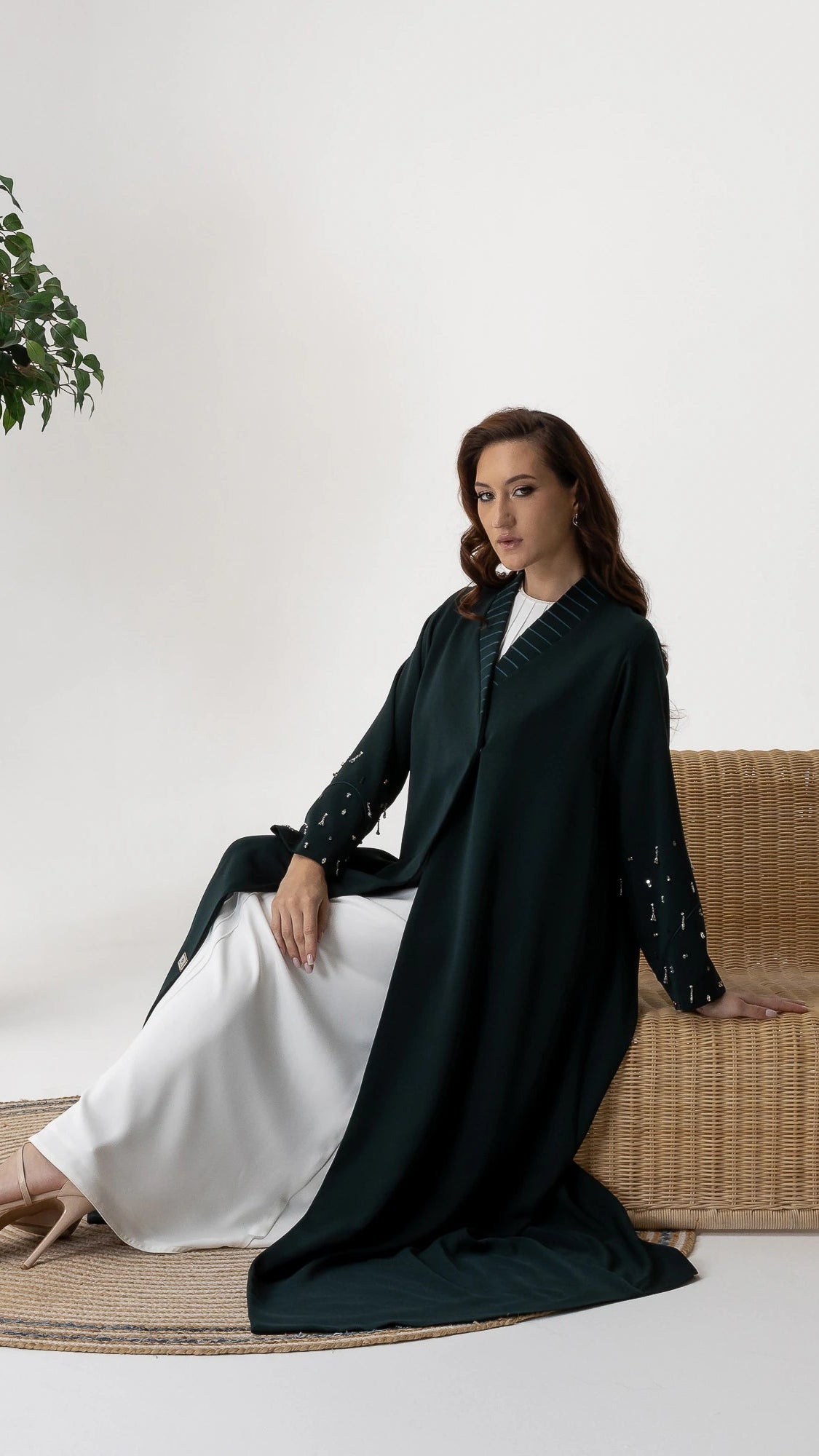 LYRA | Emerald Crystal Luxe Editorial shot of the glamourous abaya by Diva Atelier