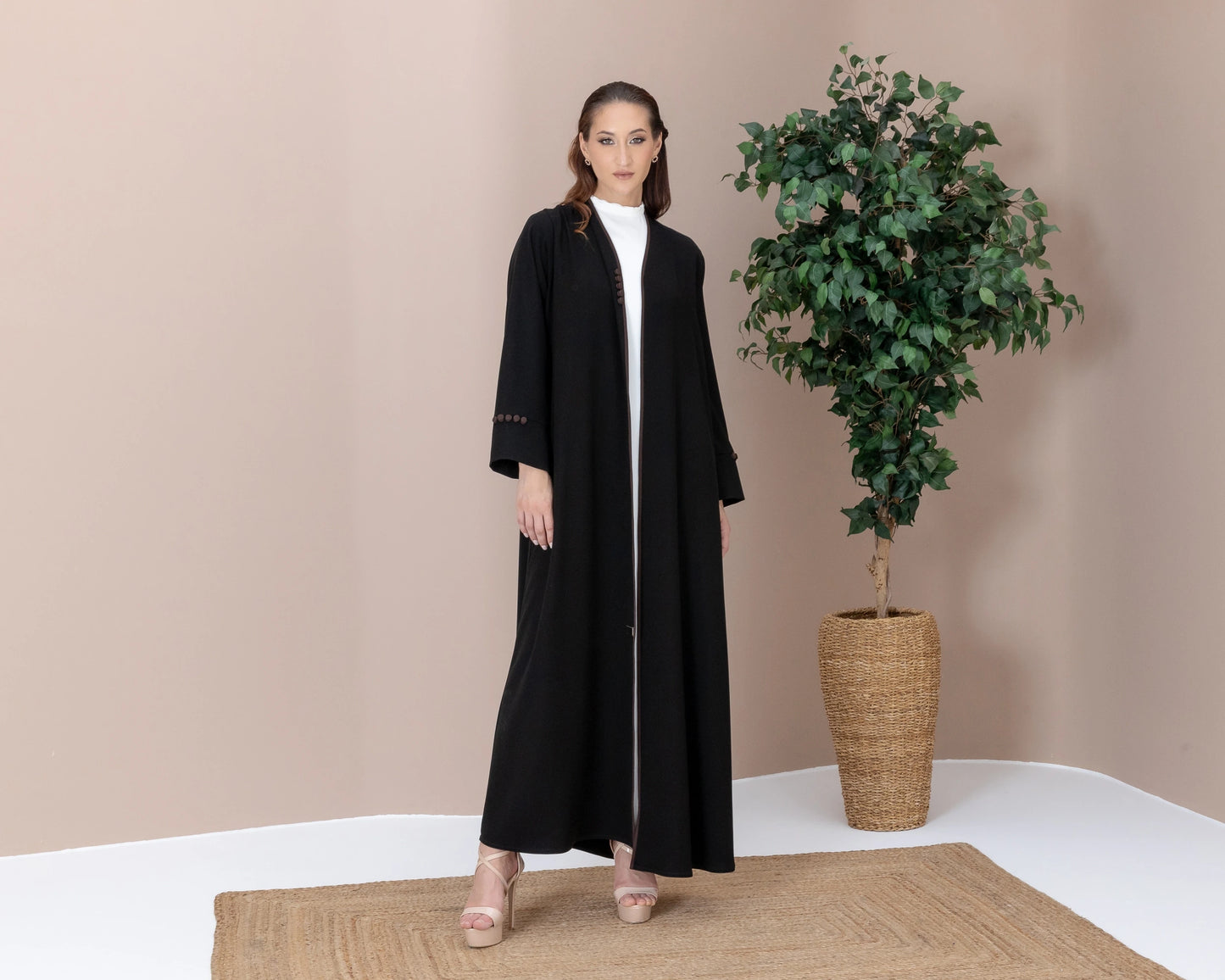 Leen Mocha Trim Abaya Full Length minimal silhouette with brown edge
