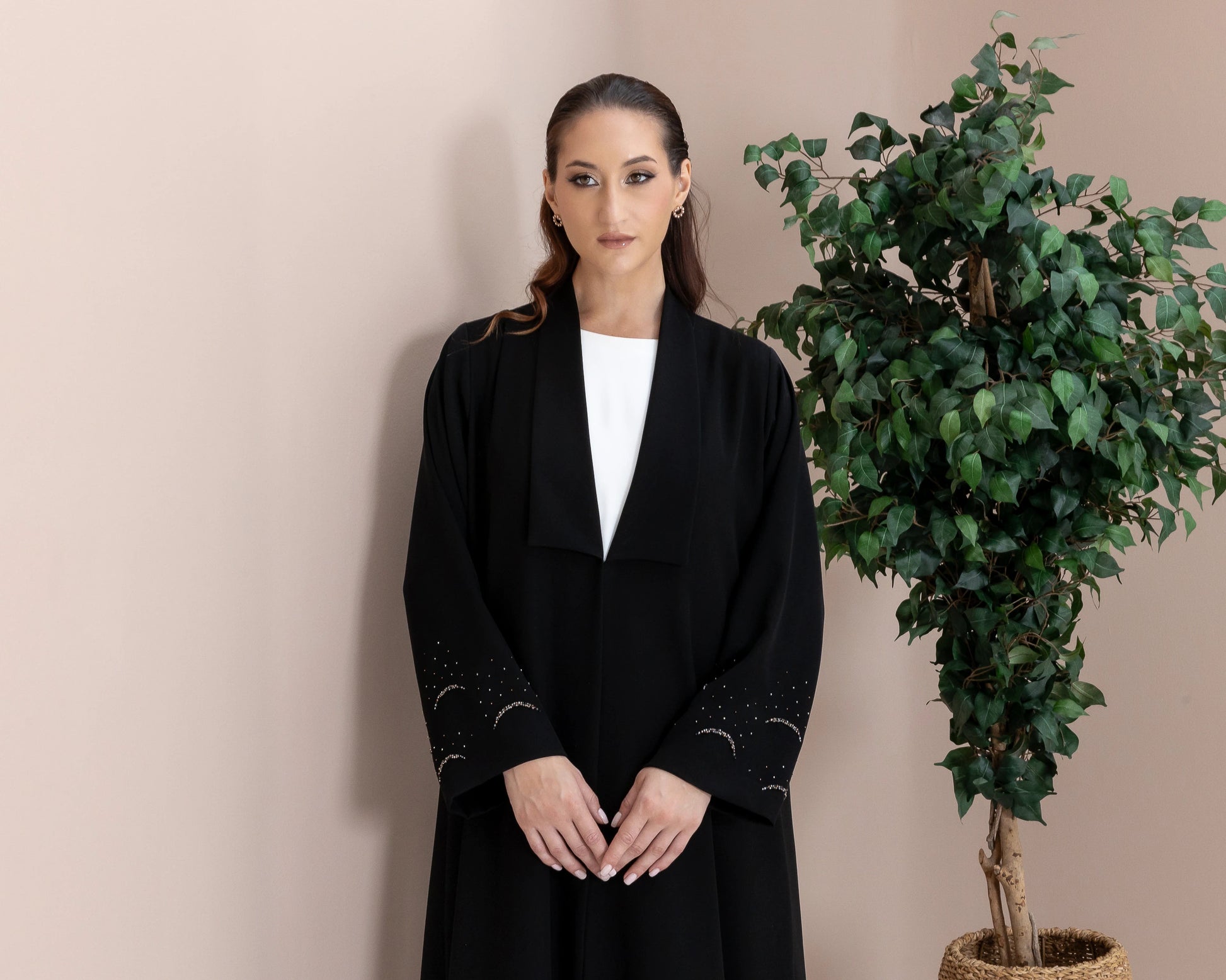 MAHNUR Noir Halo close-up luxury black abaya featuring refined crystal sleeve accents and timeless elegance
