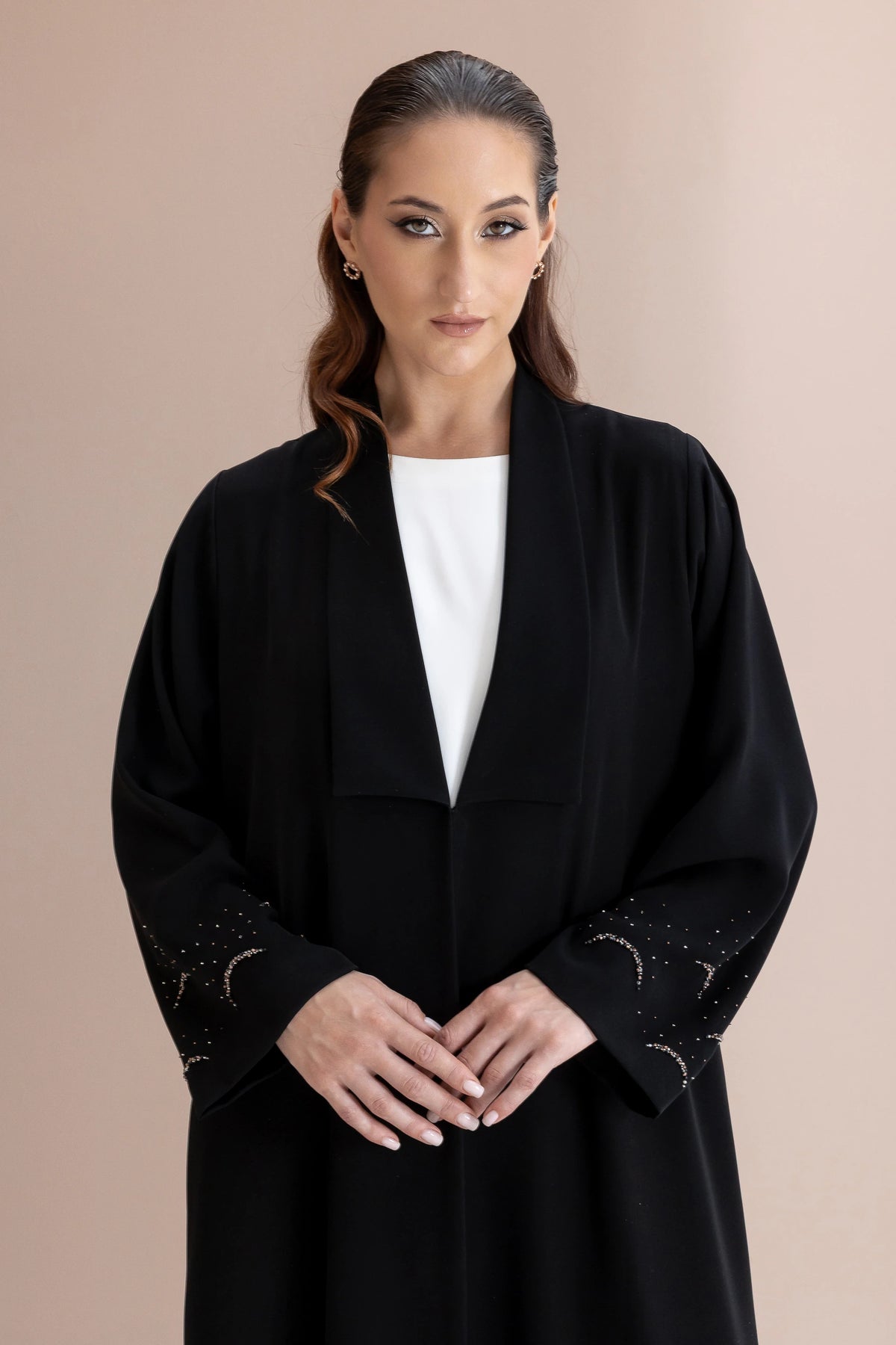 MAHNUR Noir Halo close-up luxury black abaya featuring refined crystal sleeve accents and timeless elegance