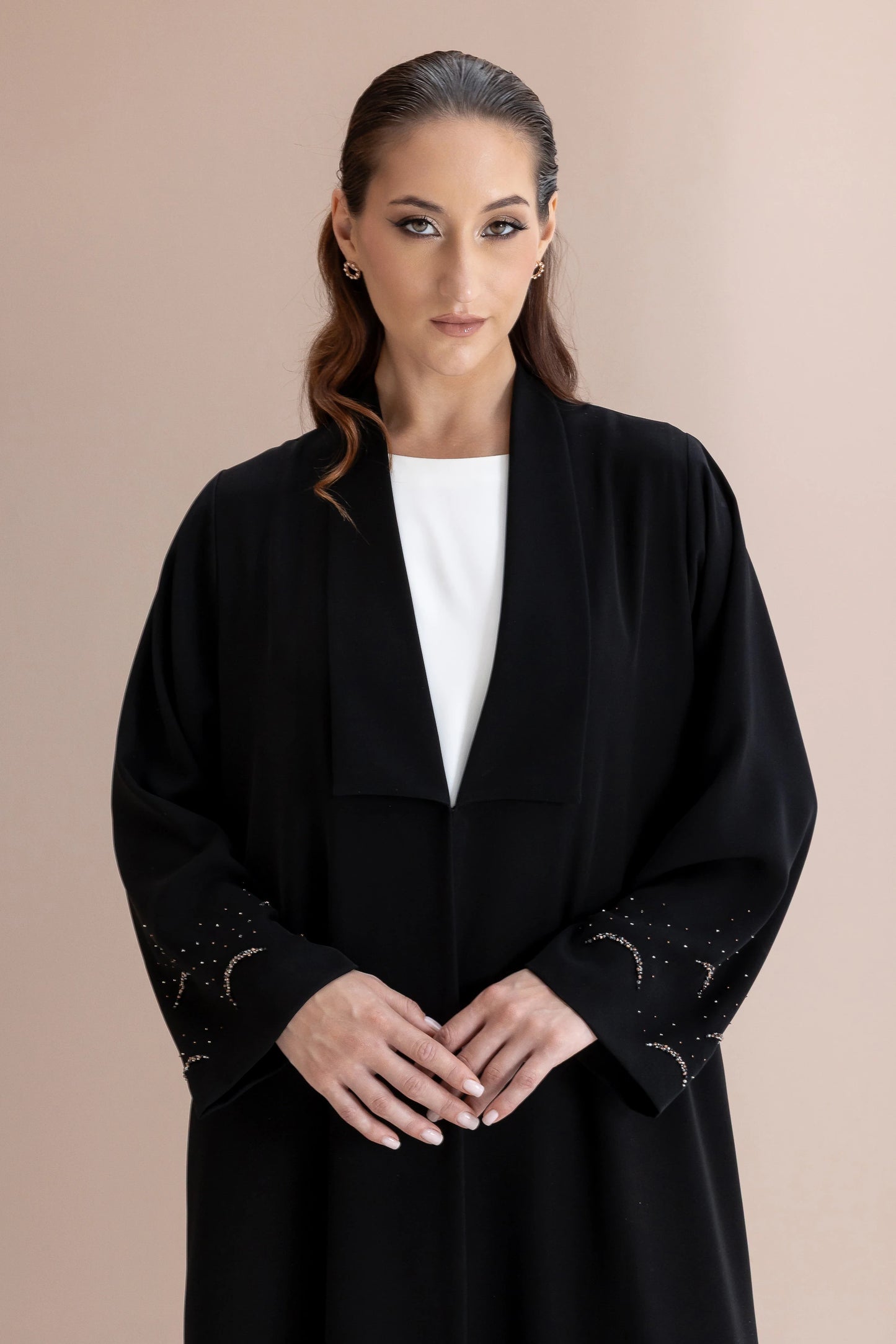 MAHNUR Noir Halo close-up luxury black abaya featuring refined crystal sleeve accents and timeless elegance