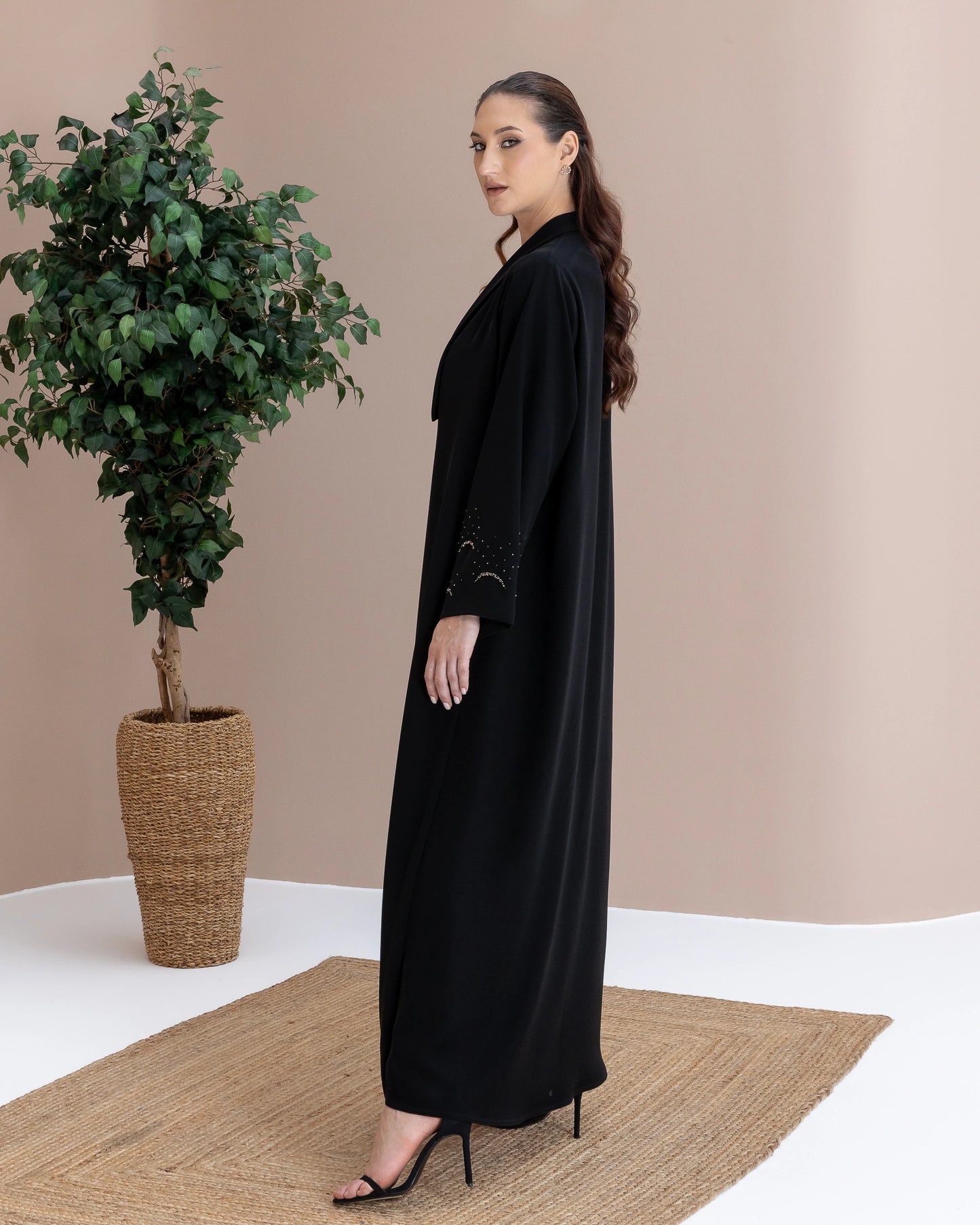 MAHNUR Noir Halo premium black abaya featuring moon-inspired crystal embroidery and refined modest elegance