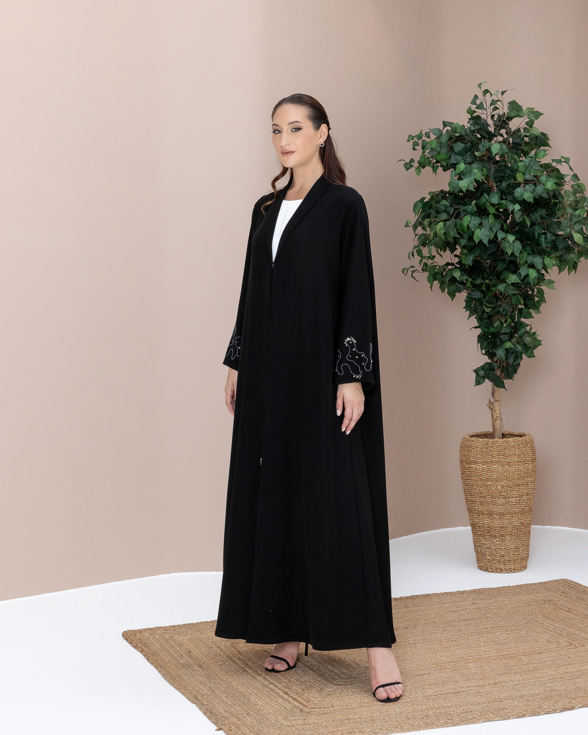MAHREEN Noir Eclipse modern modest black abaya with subtle celestial-inspired crystal embellishments