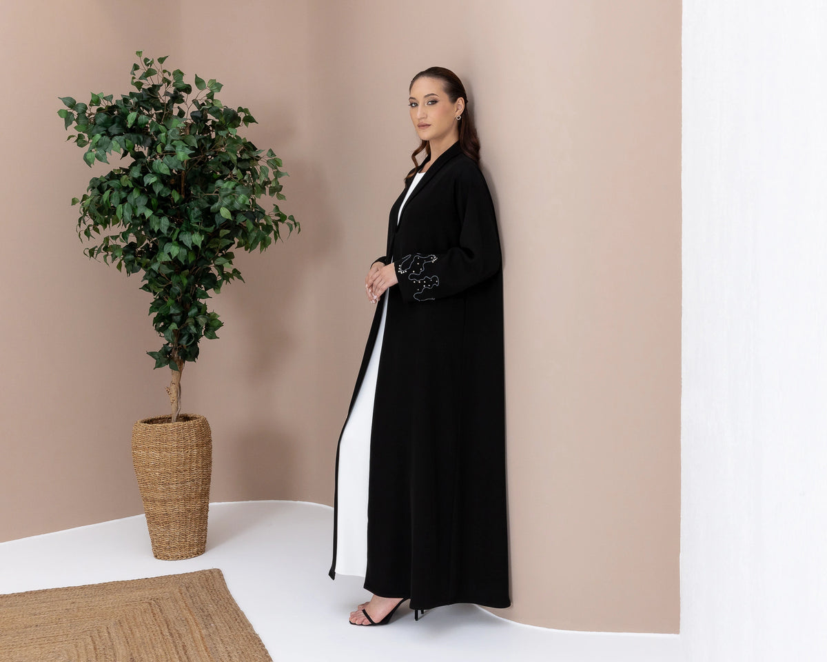 MAHREEN Noir Eclipse elegant Ramadan and Eid black abaya with timeless couture-inspired detailing