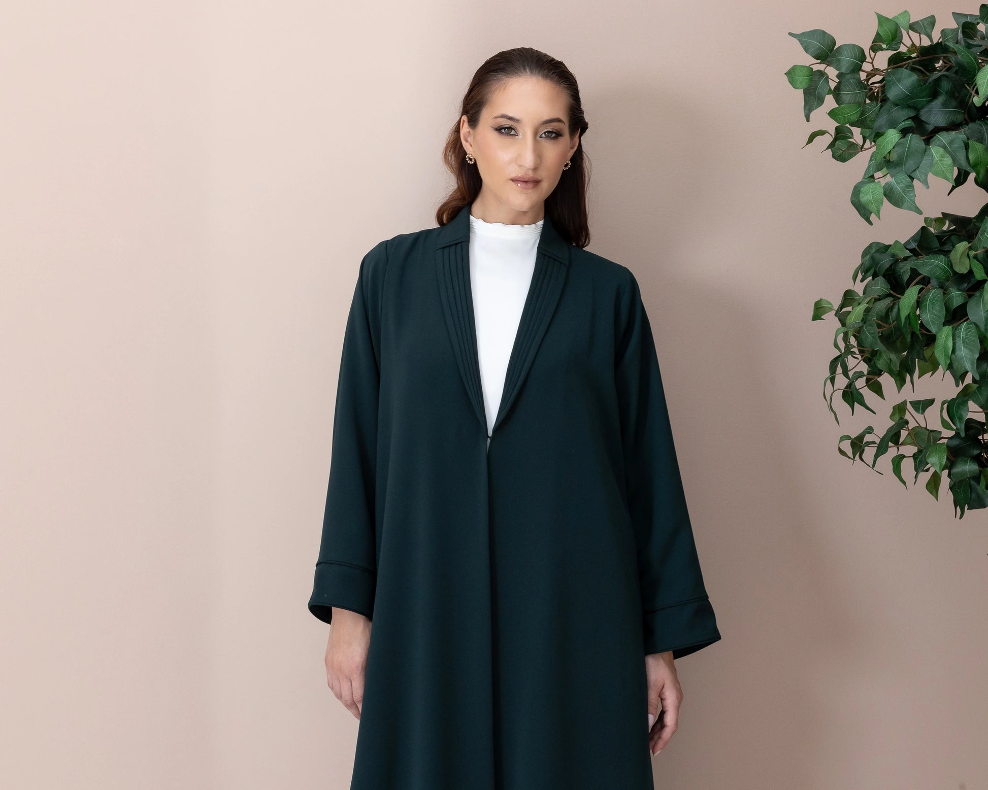 MIRAL Verde Royale elegant green abaya with pleated collar detailing front pose