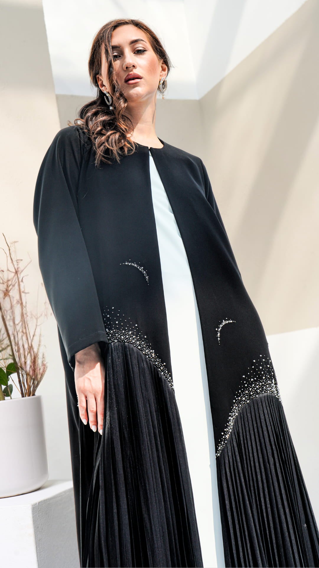 MIRA | Noir Diamond Luxe black abaya with crystal embellishment and contrast inner layer front view