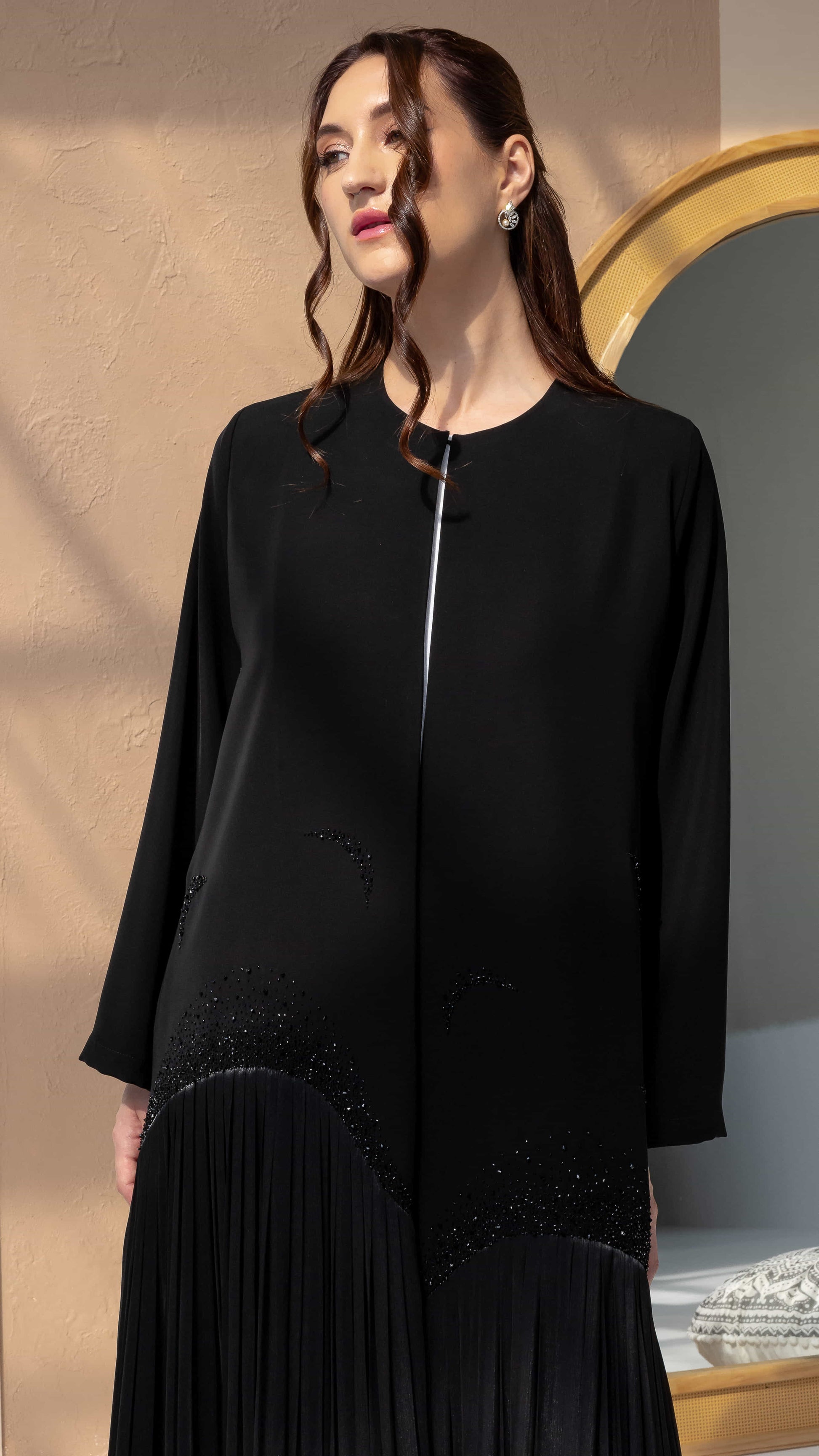 MIRA | Noir Shadow Luxe abaya front centered shot highlighting black on black embellishment