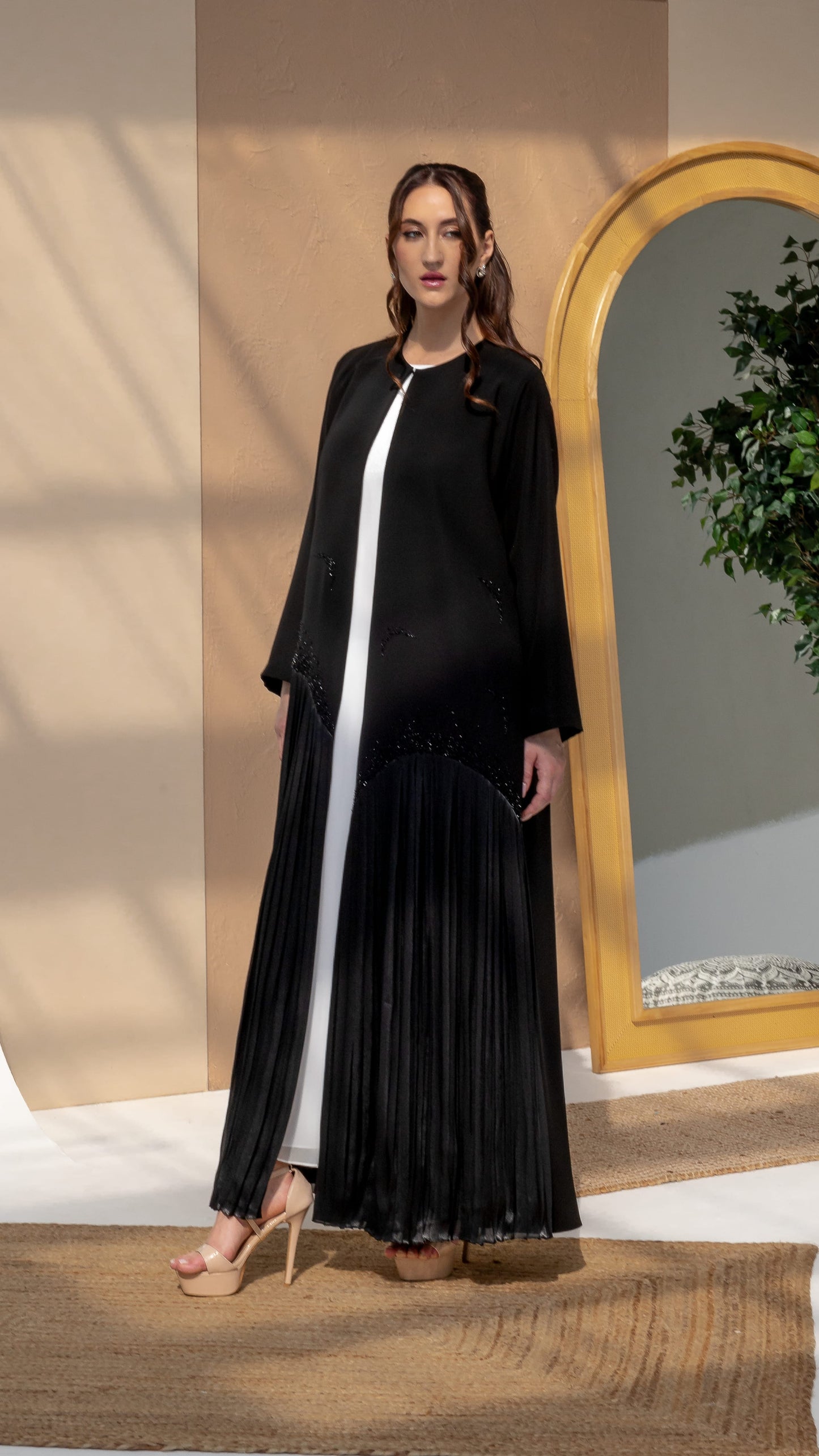 Black abaya Mira Noir Shadow Luxe with inner contrast layer visible