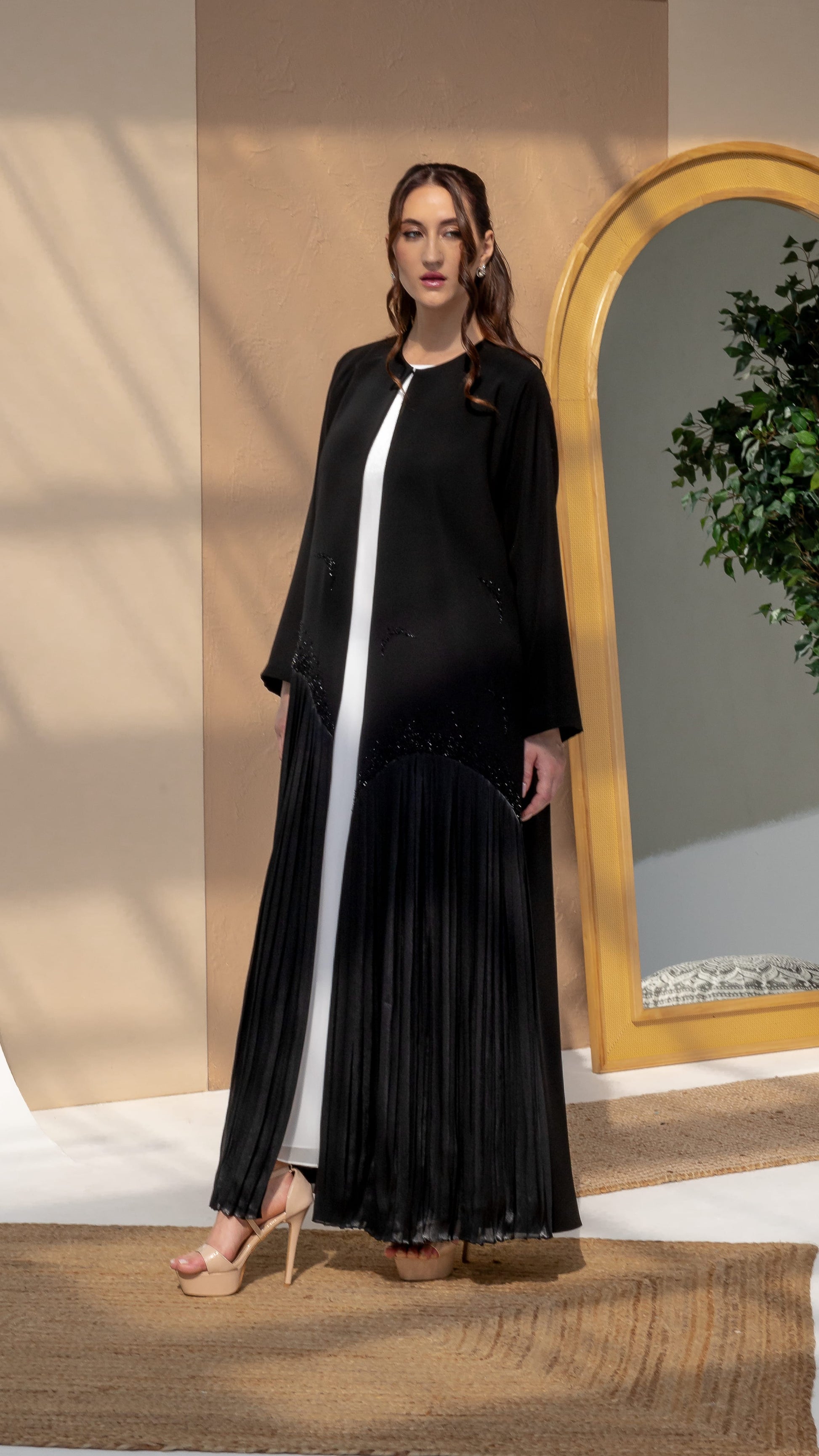 Black abaya Mira Noir Shadow Luxe with inner contrast layer visible