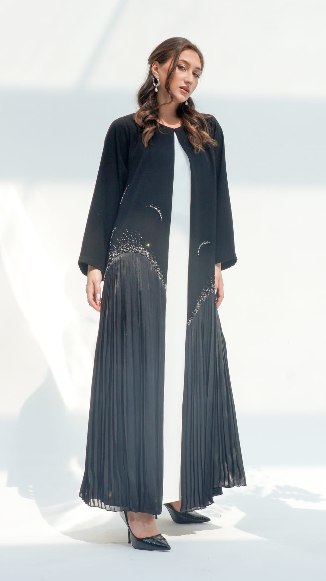 Luxury black abaya with white inner contrast and crystal details Mira Noir Diamond Luxe