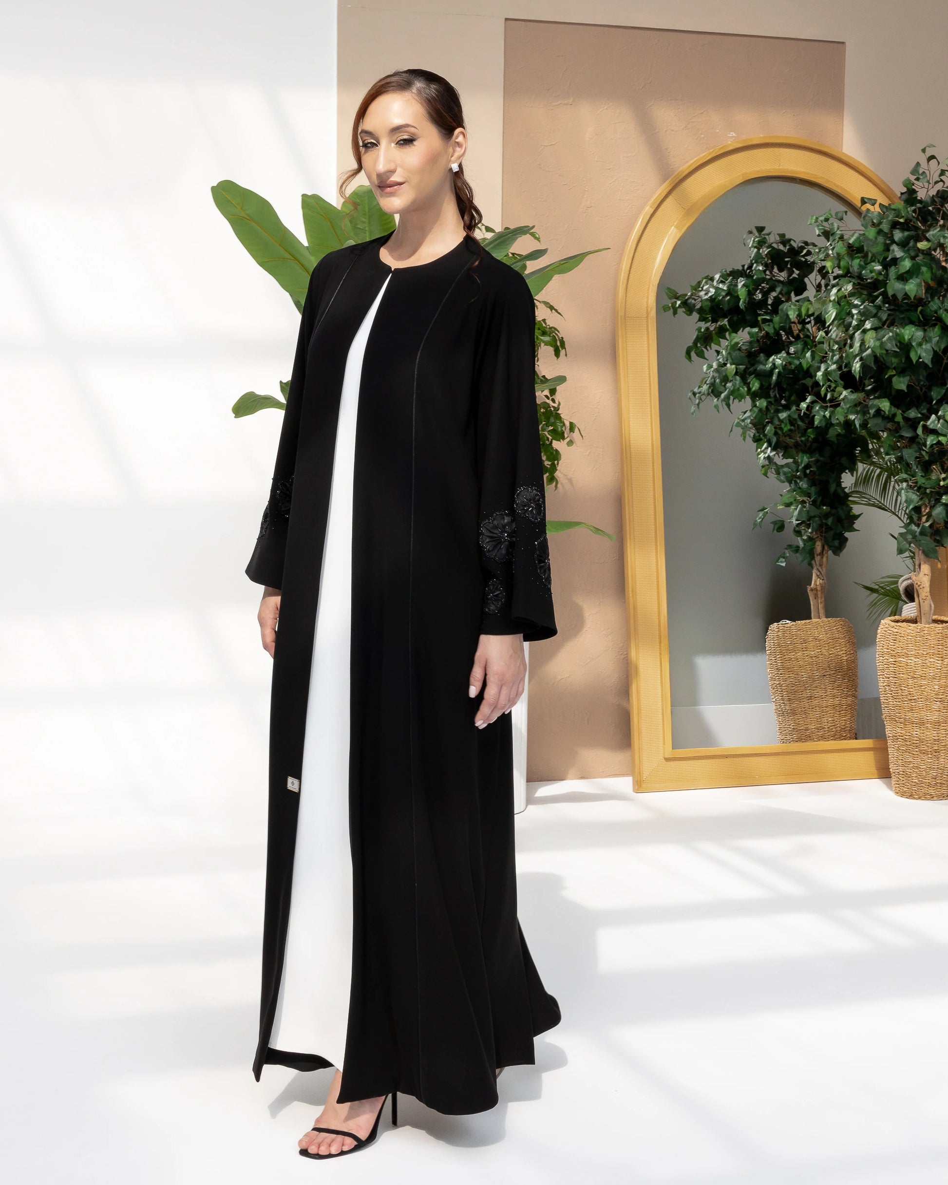 NAFISA | Noir Blossom Luxe Abaya sophisticated black abaya designed for Ramadan, Eid, and elegant evening occasions