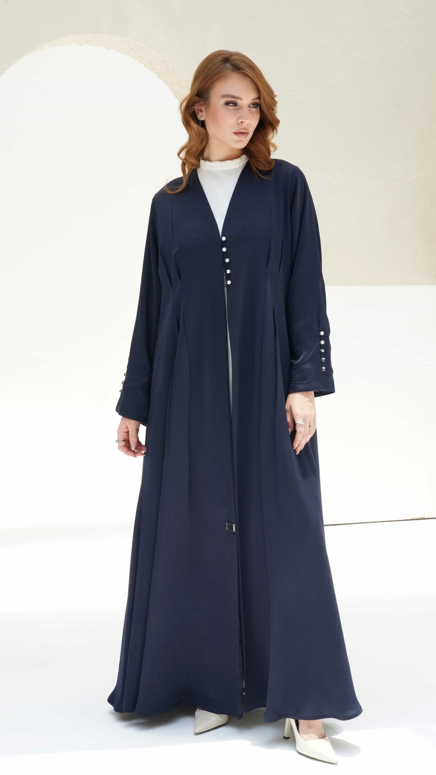 NAILA | Midnight Pearl - Full length navy blue abaya with elegant structure and flow